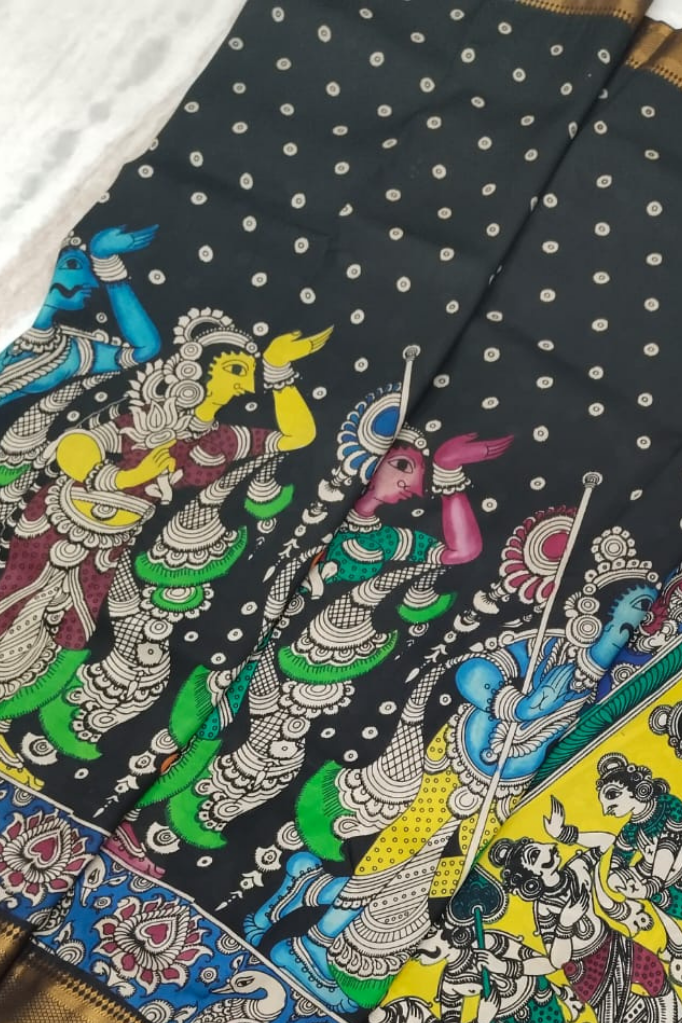 Polychromatic Black Handpainted Pen Kalamkari Silk Saree with Mythological Motifs