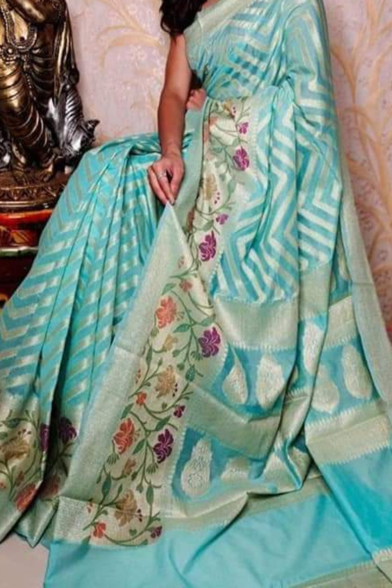 Teal Blue Pure Banarasi Khaddi Georgette Saree With Blouse