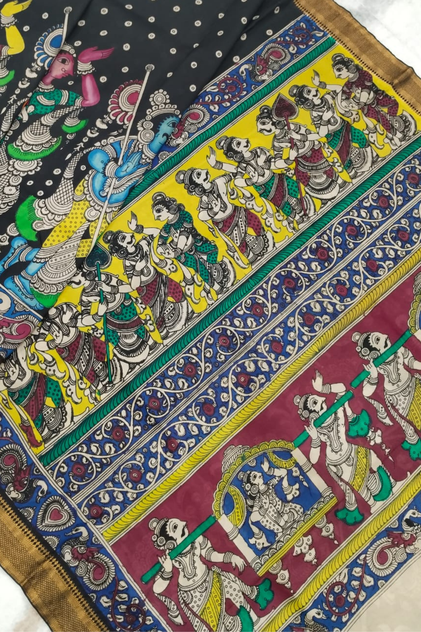 Polychromatic Black Handpainted Pen Kalamkari Silk Saree with Mythological Motifs