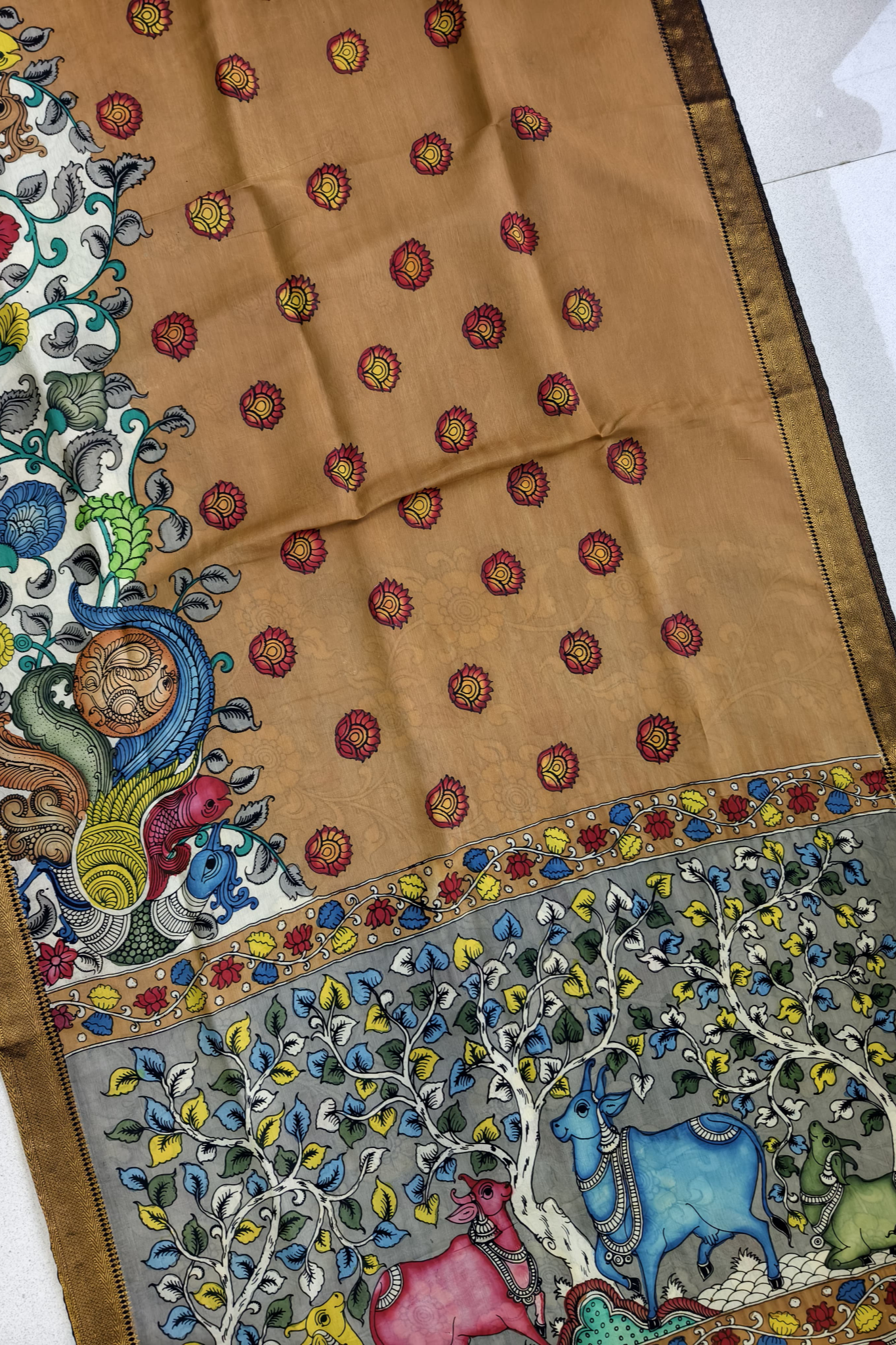 Polychromatic Brown Handpainted Pen Kalamkari Silk Saree with Cow Motifs