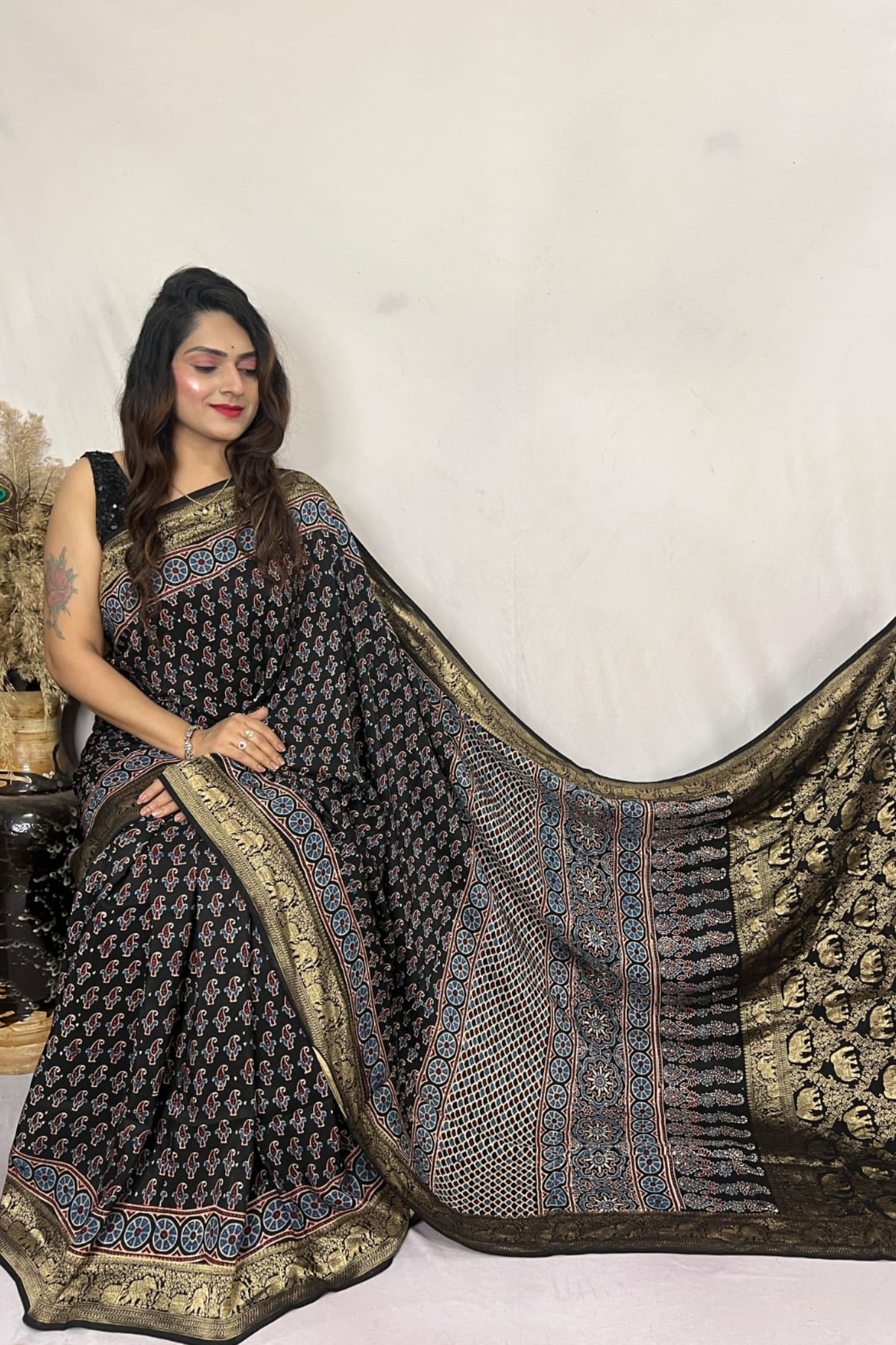 Black Handblock Printed Pure Modal Ajarakh Silk Saree with Natural Dyes