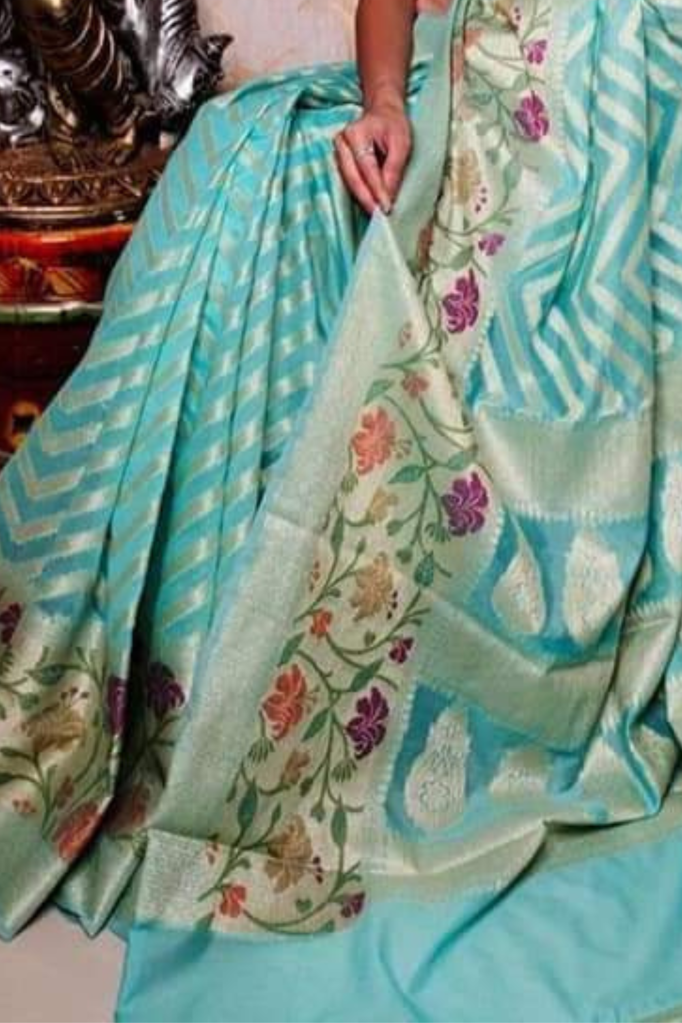 Teal Blue Pure Banarasi Khaddi Georgette Saree With Blouse