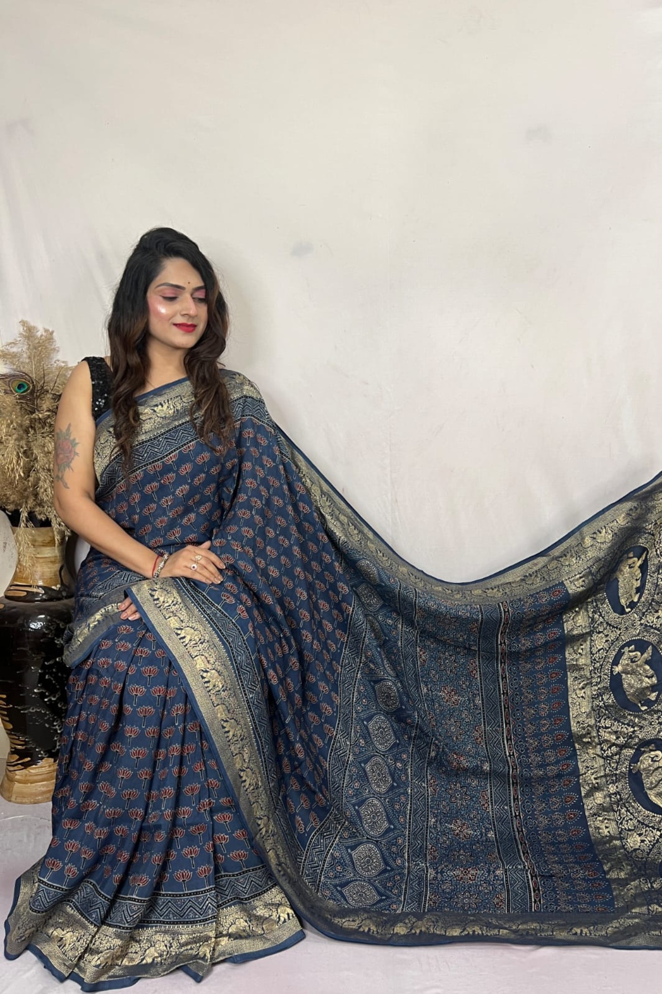 INK Blue Handblock Printed Pure Modal Ajarakh Silk Saree