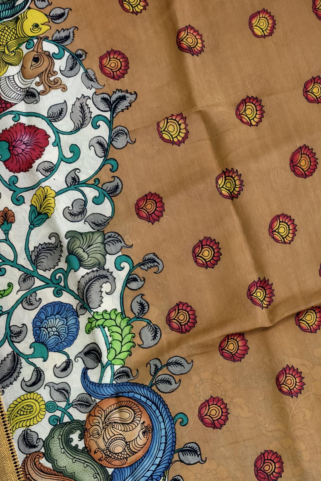 Polychromatic Brown Handpainted Pen Kalamkari Silk Saree with Cow Motifs