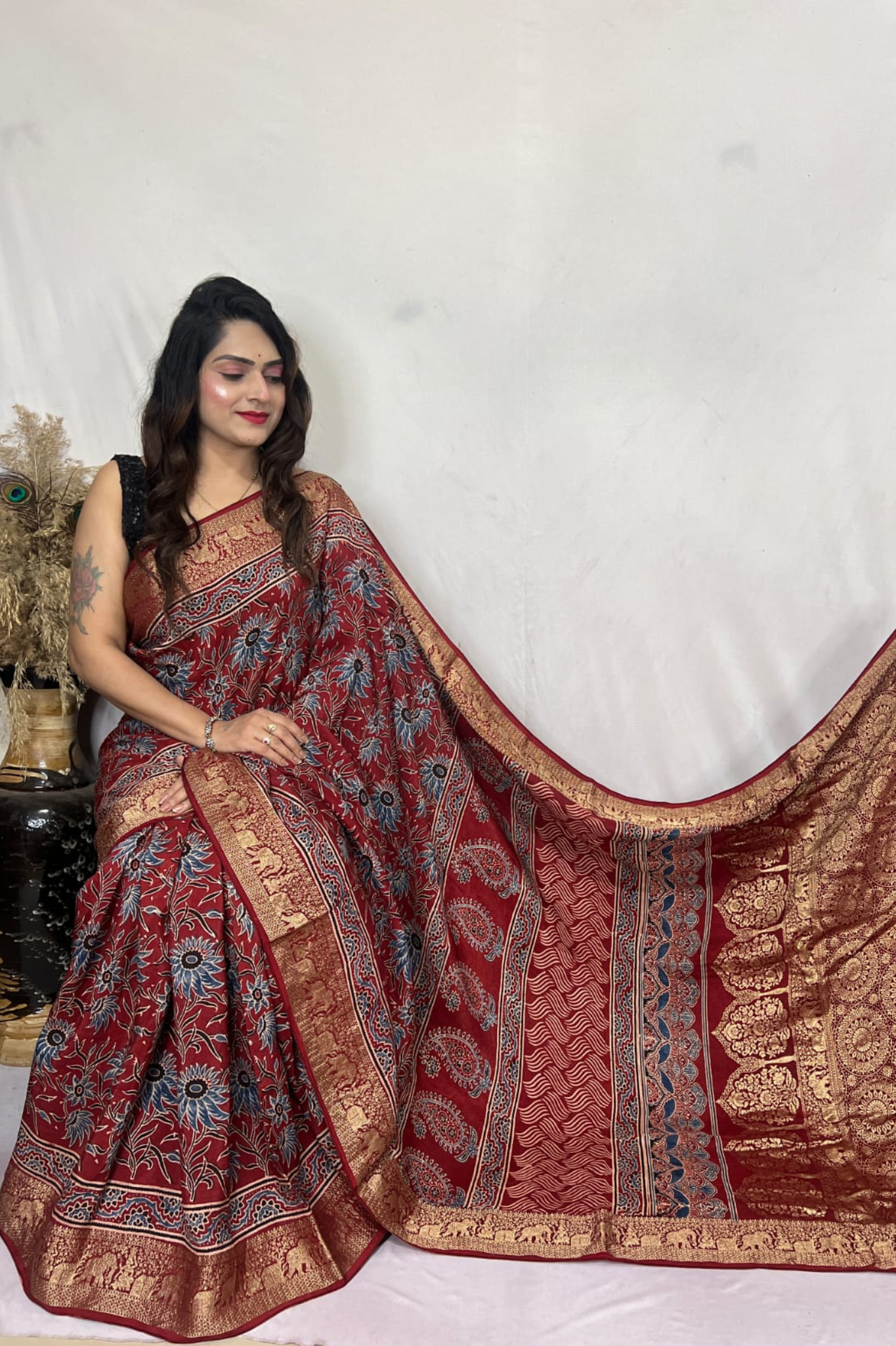 Maroon Handblock Printed Pure Modal Ajarakh Silk Saree with Natural Dyes