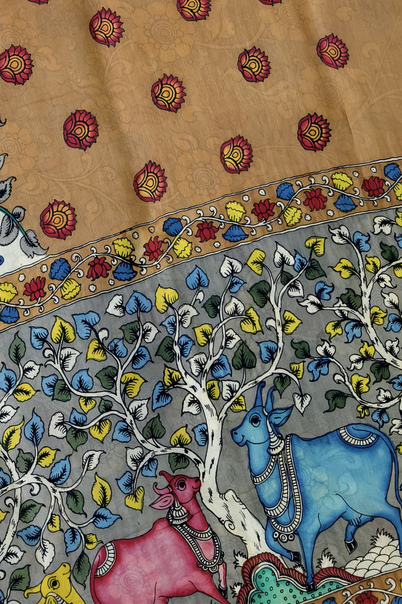 Polychromatic Brown Handpainted Pen Kalamkari Silk Saree with Cow Motifs