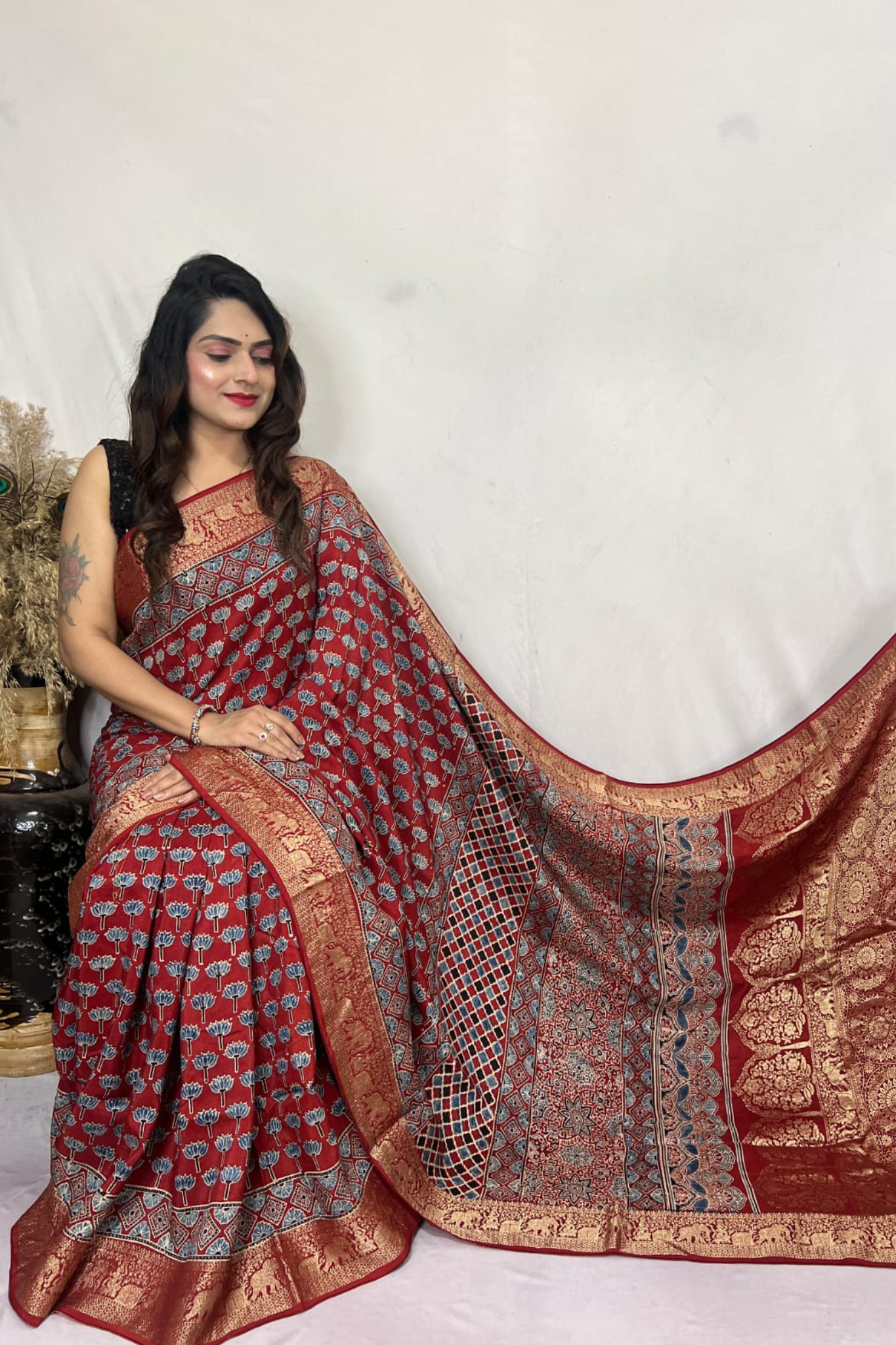 Saffron Red Handblock Printed Pure Modal Ajarakh Silk Saree