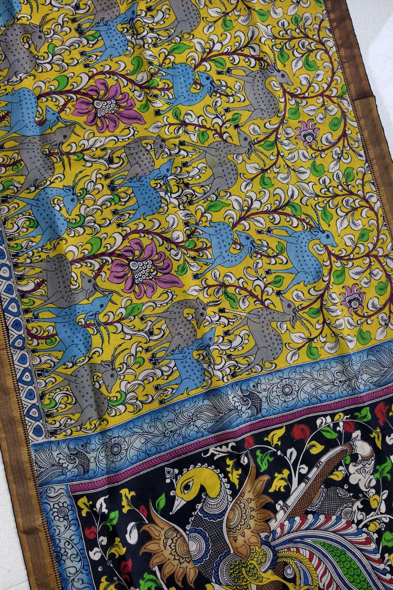 Polychromatic Yellow Base Handpainted Pen Kalamkari Silk Saree