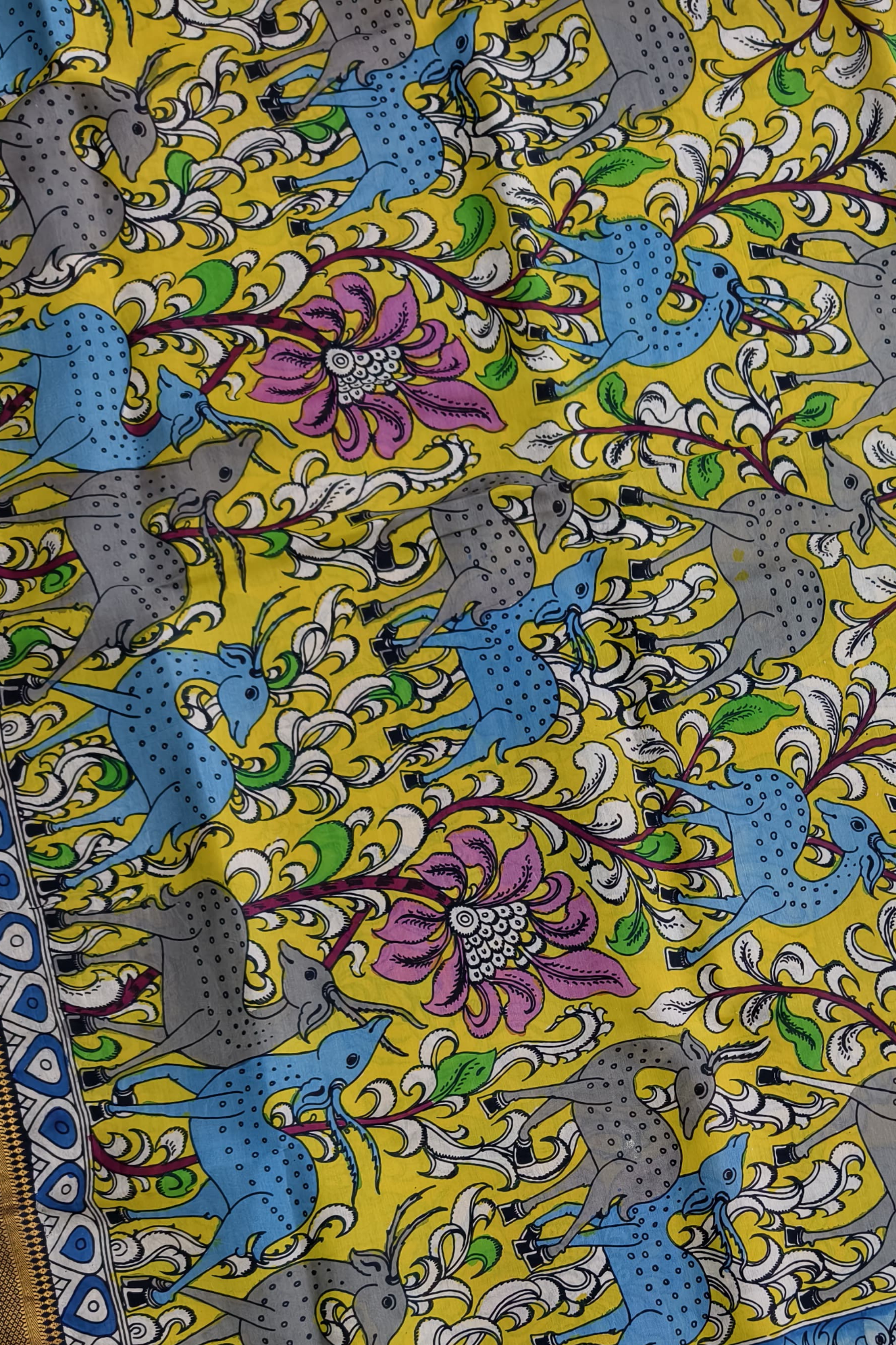 Polychromatic Yellow Base Handpainted Pen Kalamkari Silk Saree