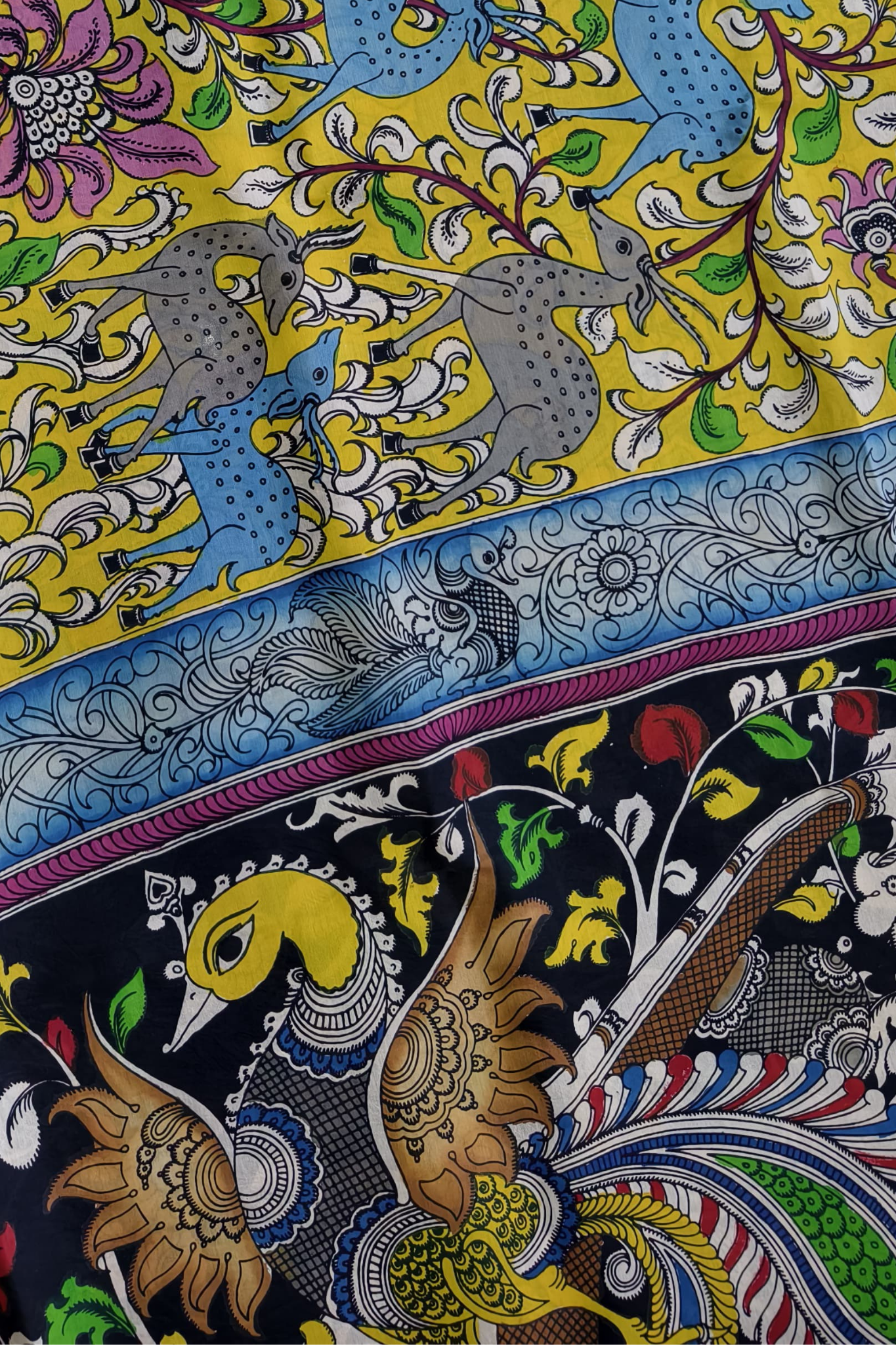 Polychromatic Yellow Base Handpainted Pen Kalamkari Silk Saree