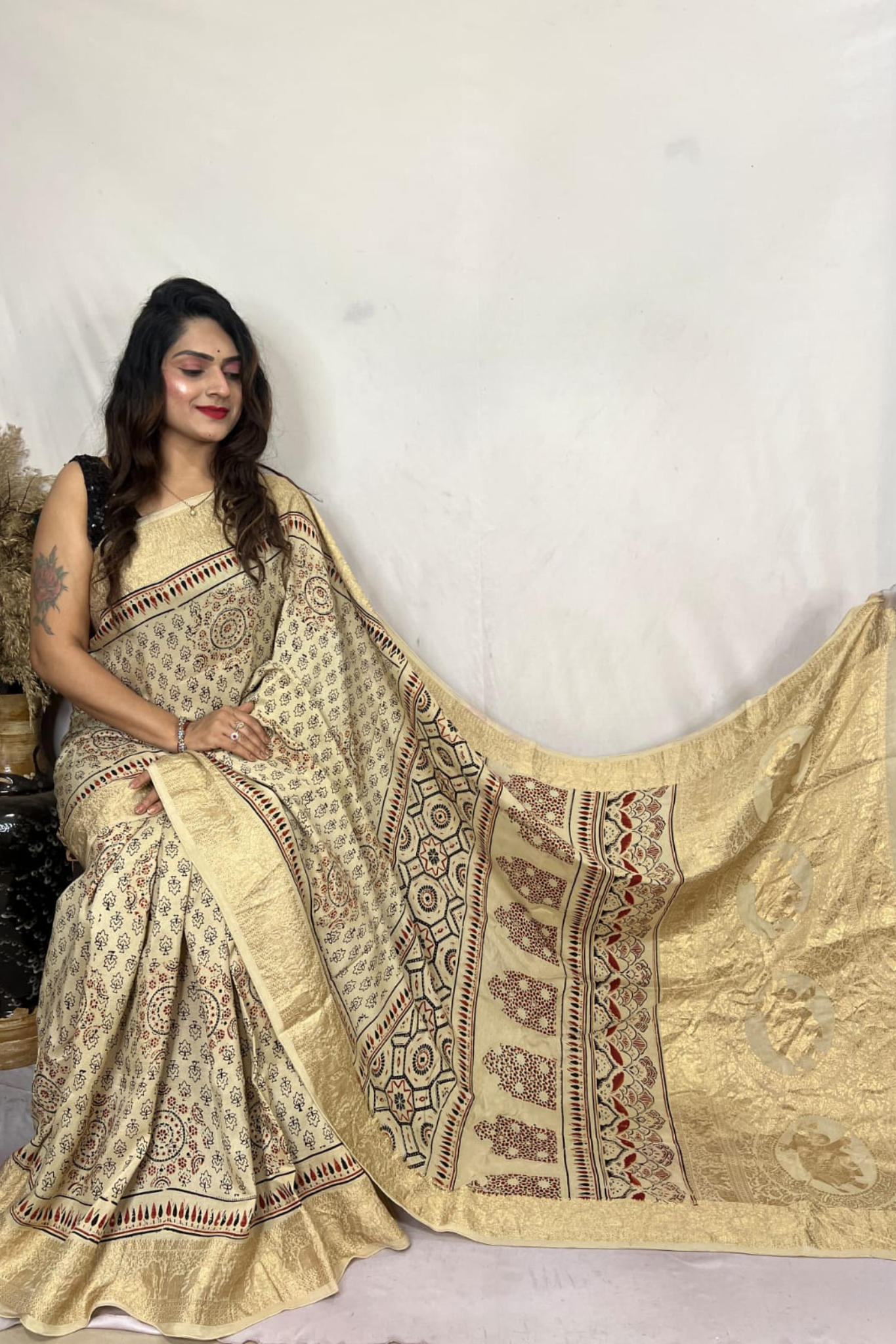 Cream Handblock Printed Natural Dye Pure Modal Ajarakh Silk Saree
