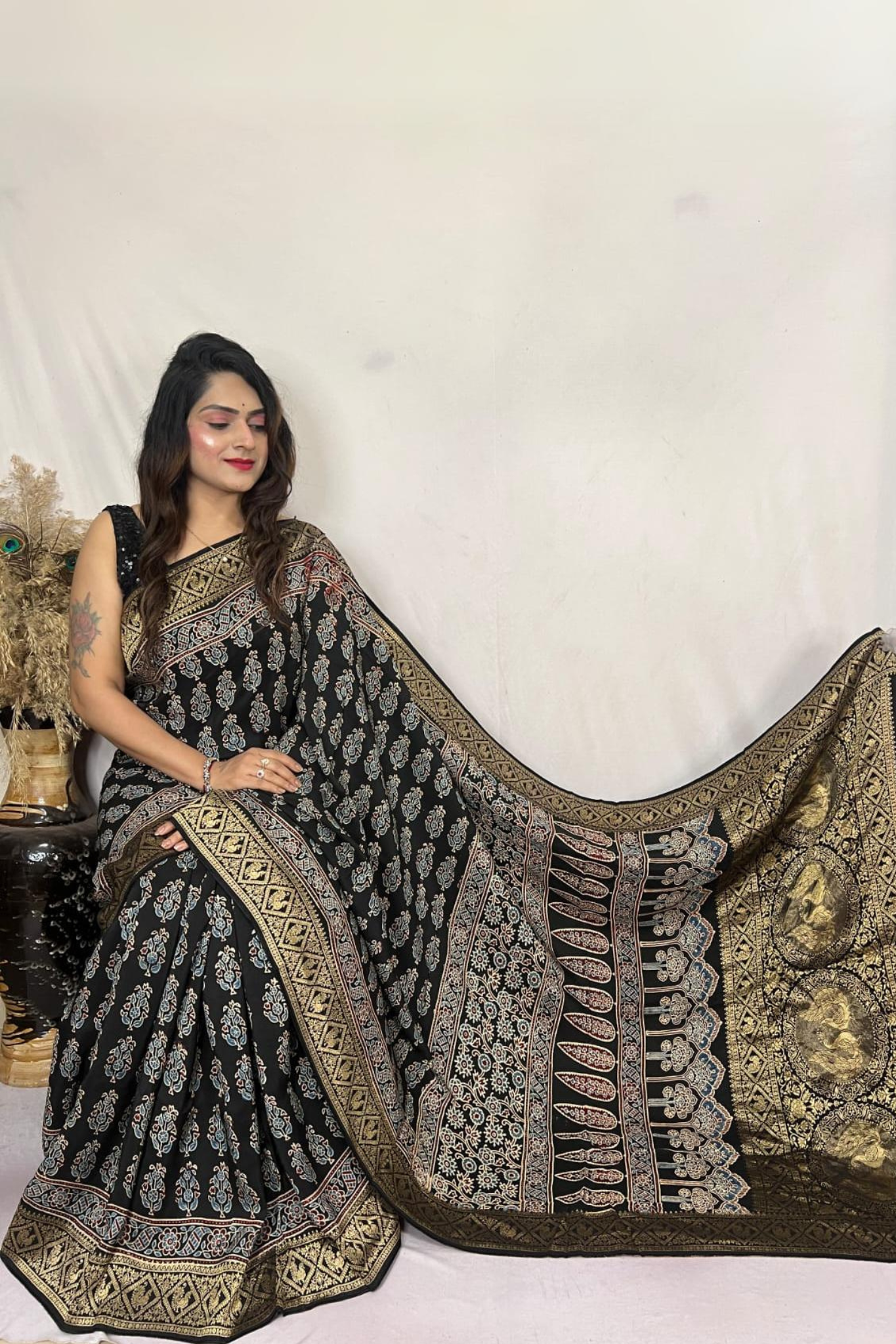 Black Handblock Printed Natural Dye Pure Modal Ajarakh Silk Saree