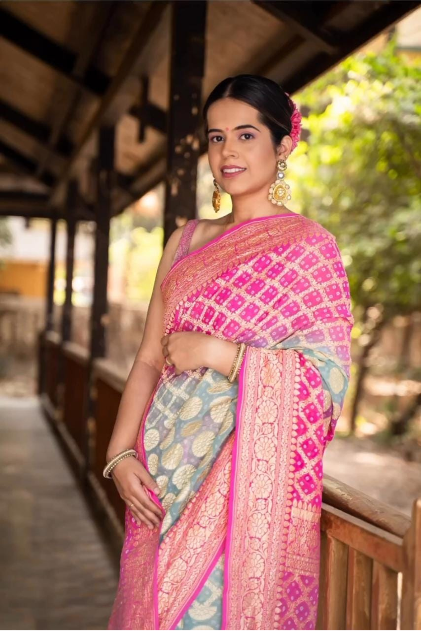 Stone Blue With Fuscia Pure Banarasi Khaddi Georgette Saree