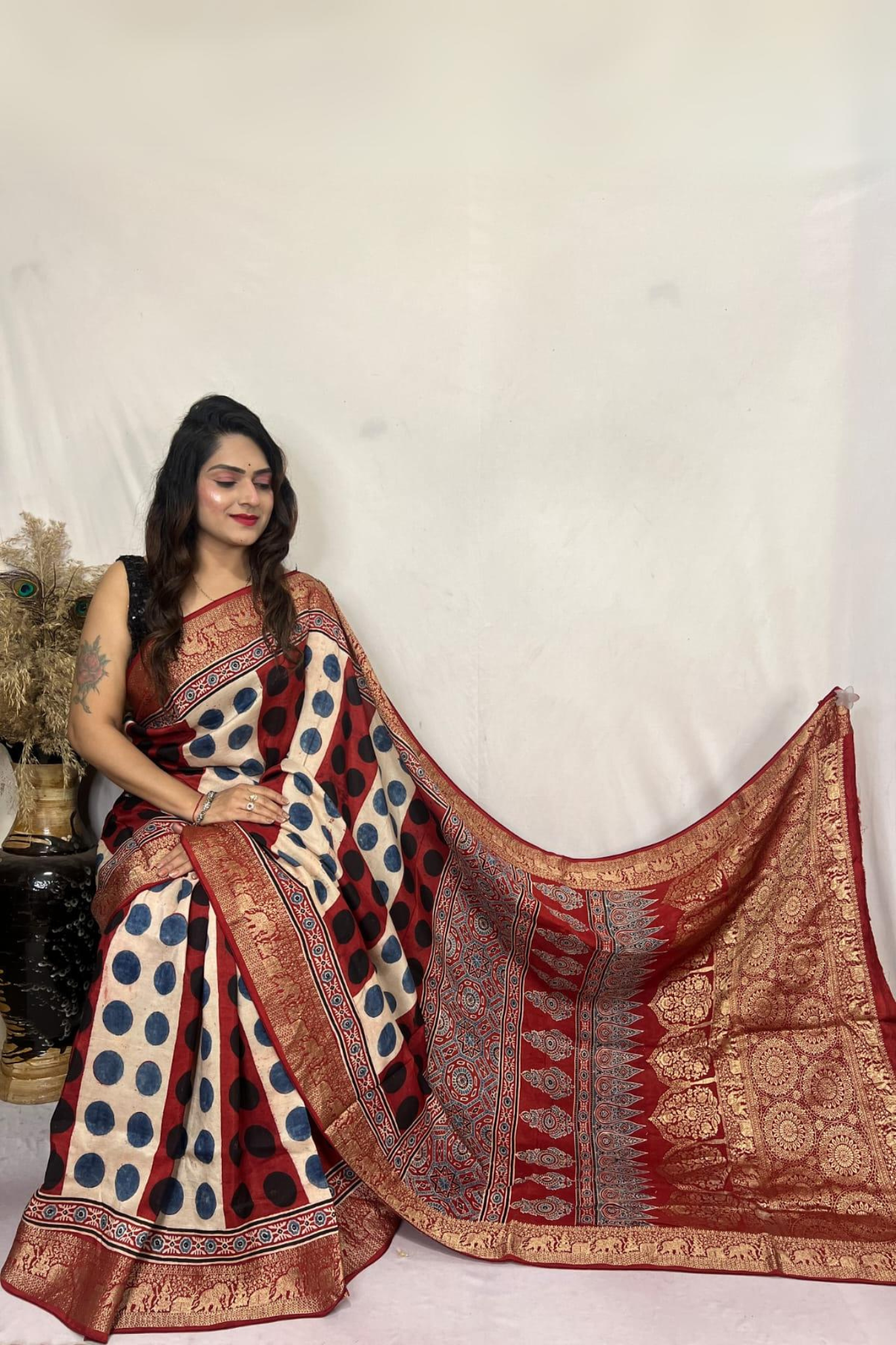 Cream and Red Handblock Printed Pure Modal Ajarakh Silk Saree