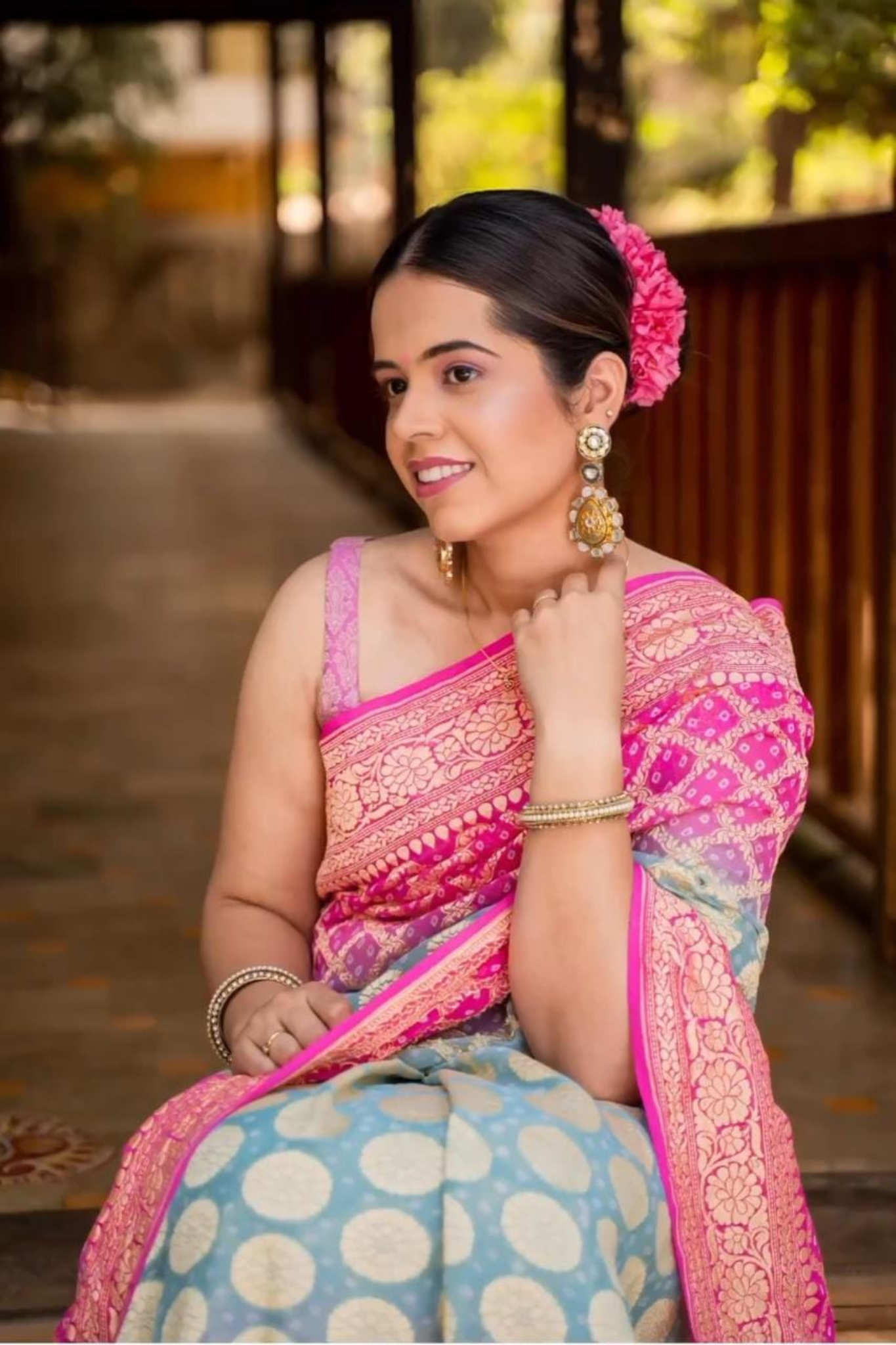 Stone Blue With Fuscia Pure Banarasi Khaddi Georgette Saree