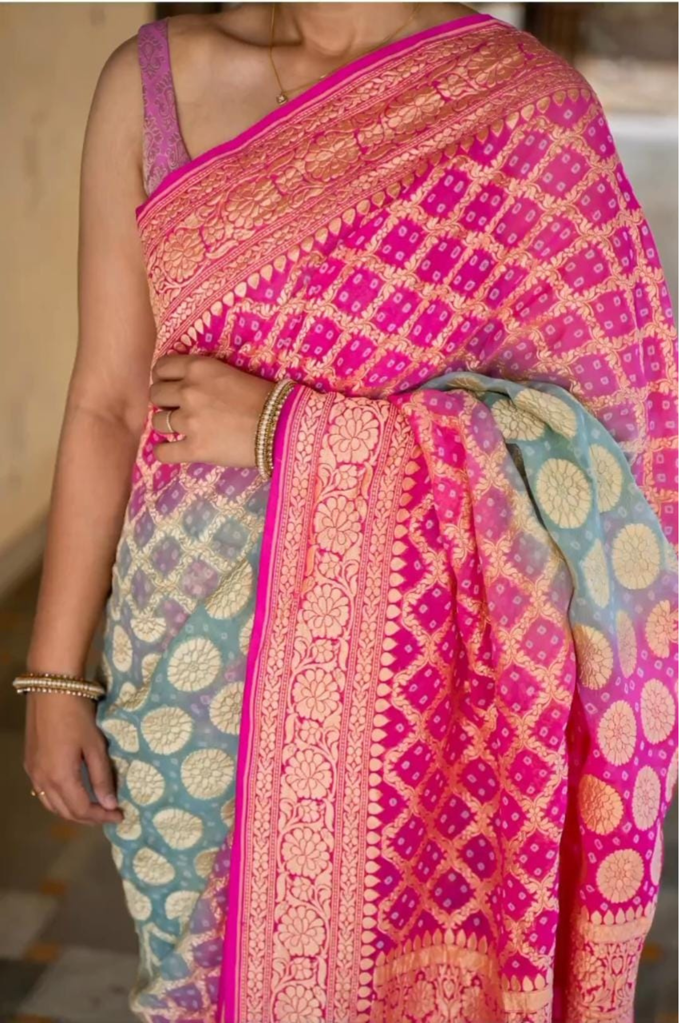 Stone Blue With Fuscia Pure Banarasi Khaddi Georgette Saree