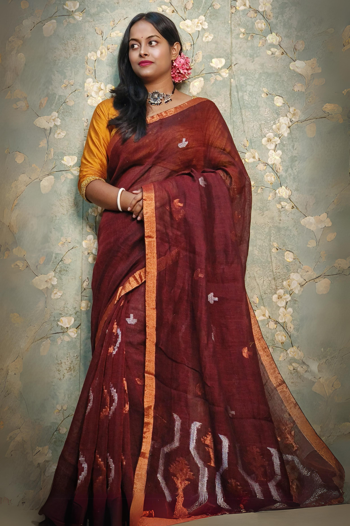 Rust Brown Pure Linen Bangal Handloom Saree