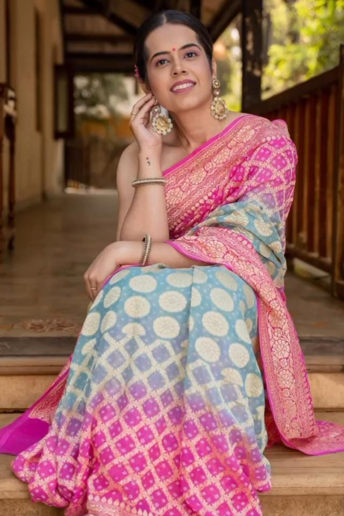 Stone Blue With Fuscia Pure Banarasi Khaddi Georgette Saree