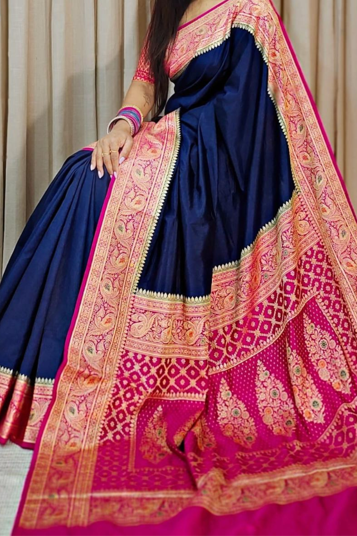 Navy Blue With Pink Banarasi Silk Saree