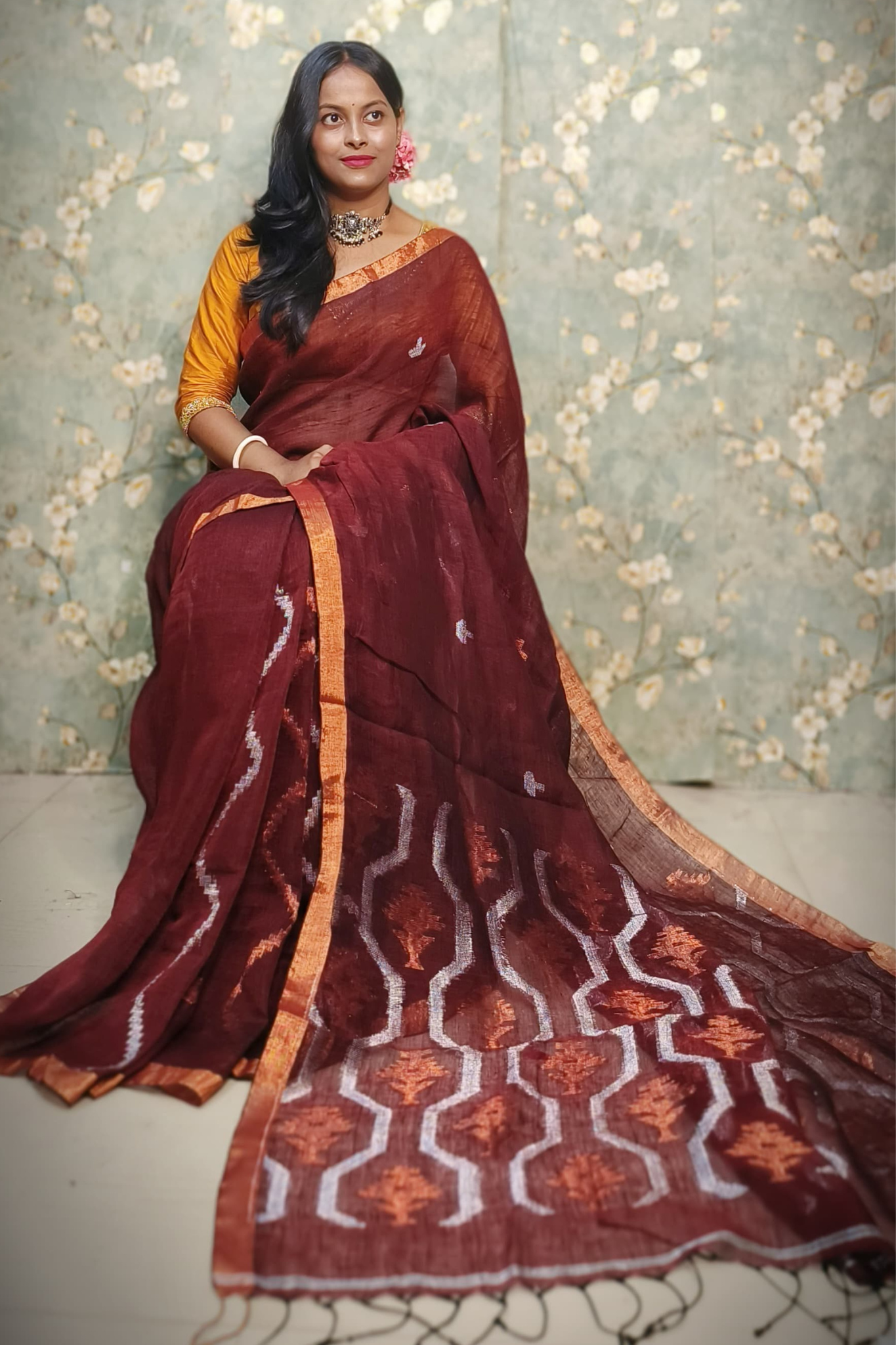 Rust Brown Pure Linen Bangal Handloom Saree