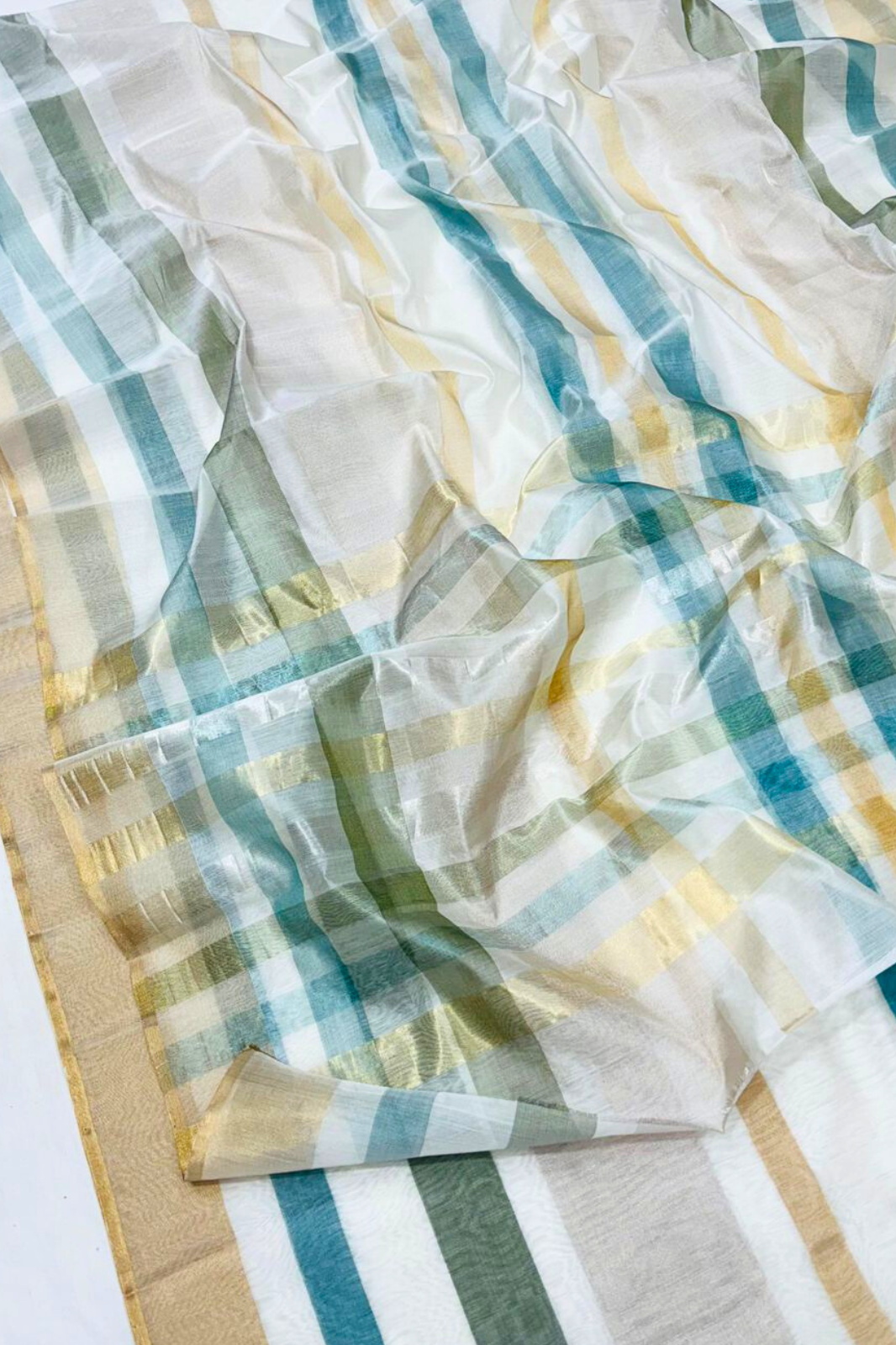 White Base With Blue And Gold Stripes Handweaved Rich Tissue Pure Silk Sarees