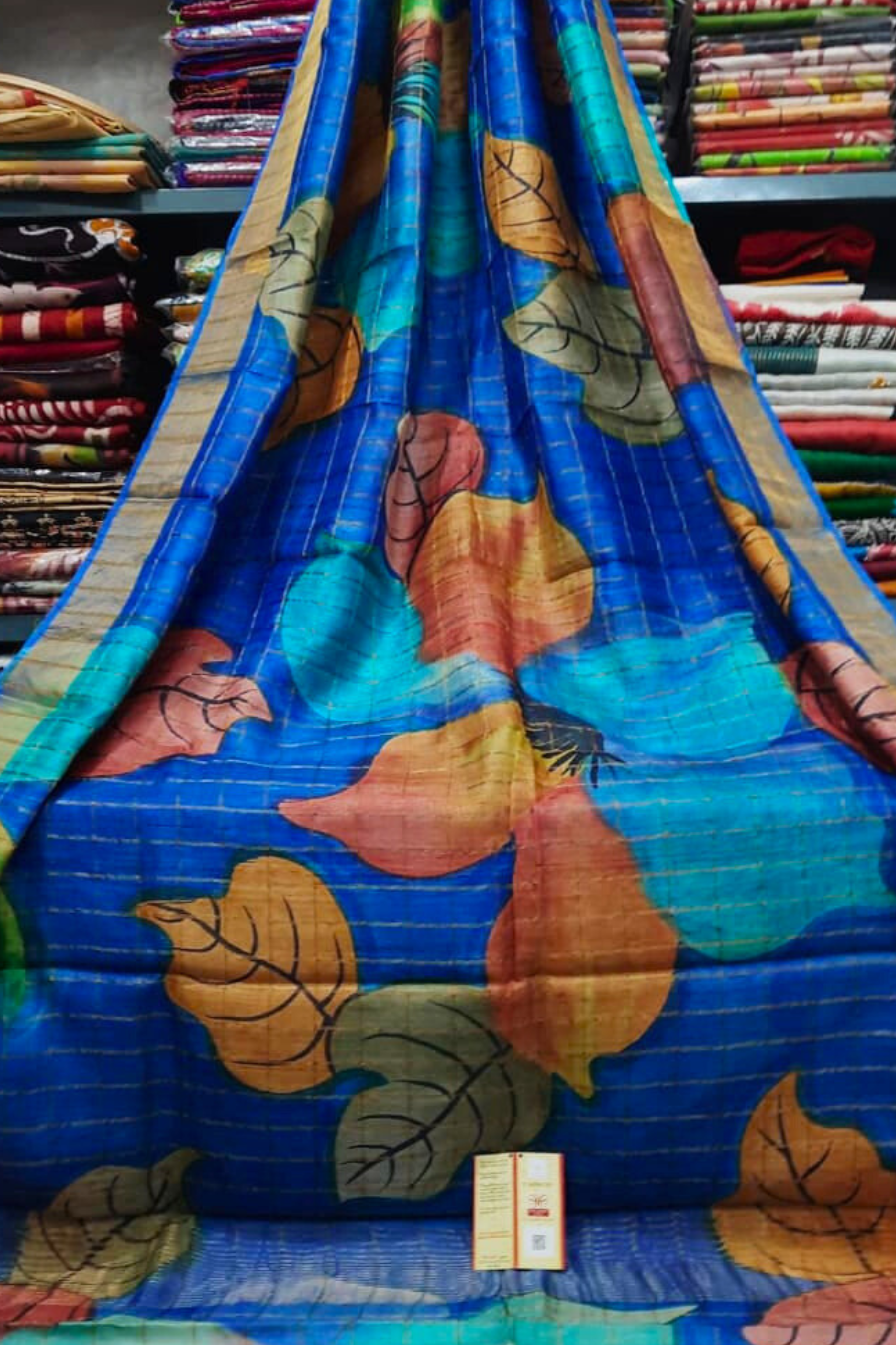 Zari Tussar Pure Silk Saree with Multicolor Leaf Handpaint on Royal Blue Base