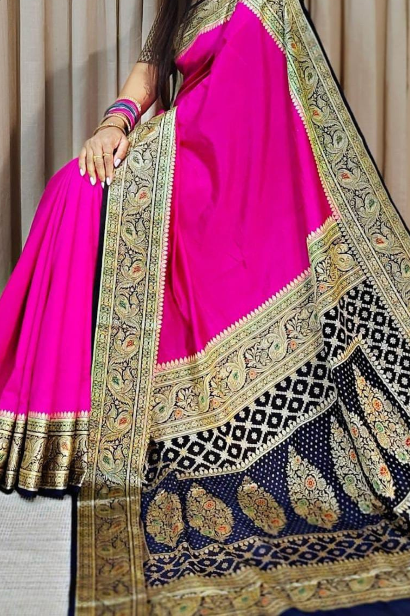 Hot Pink With Blue Banarasi Silk Saree