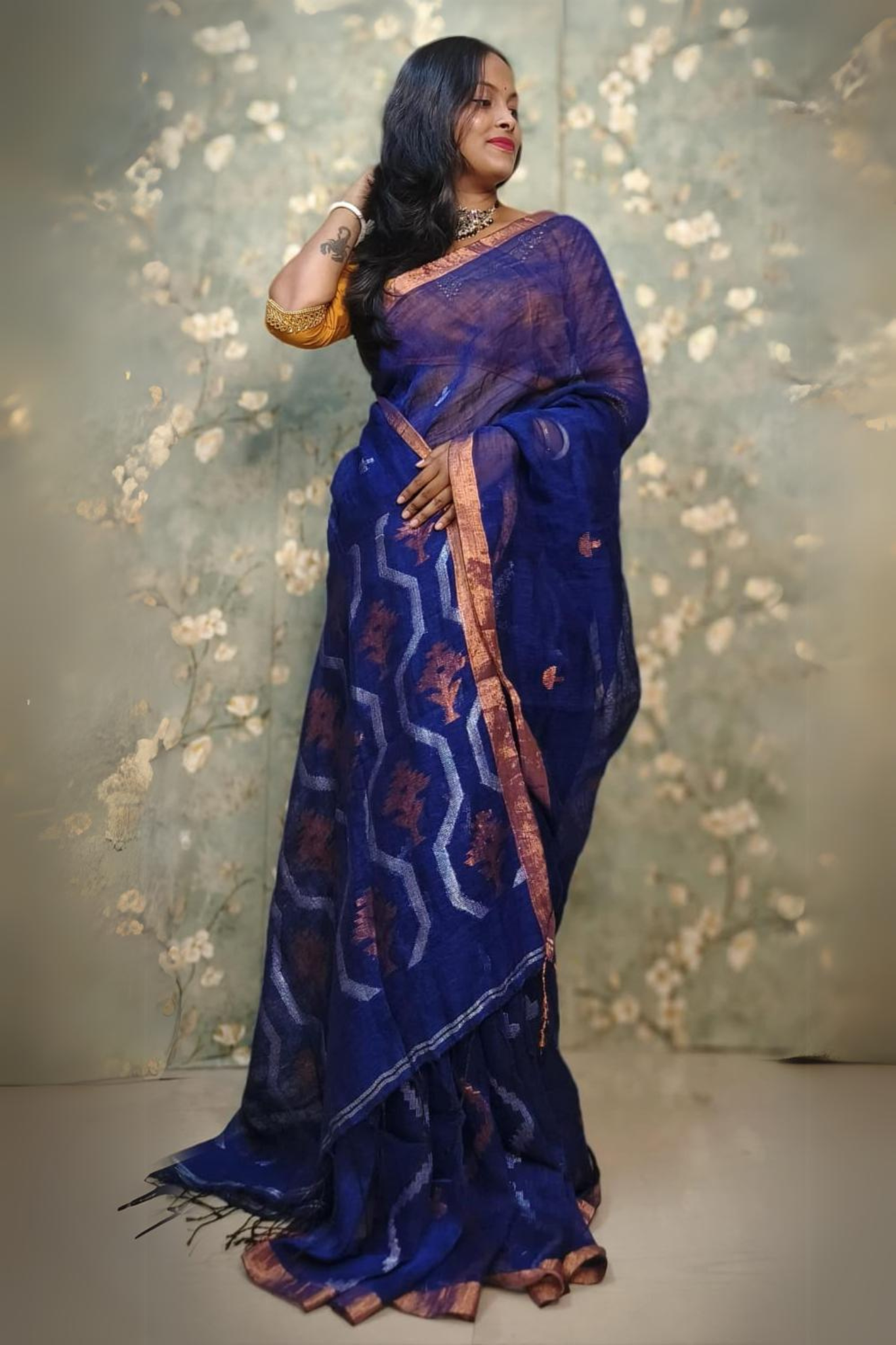Royal Blue Pure Linen Bangal Handloom Saree
