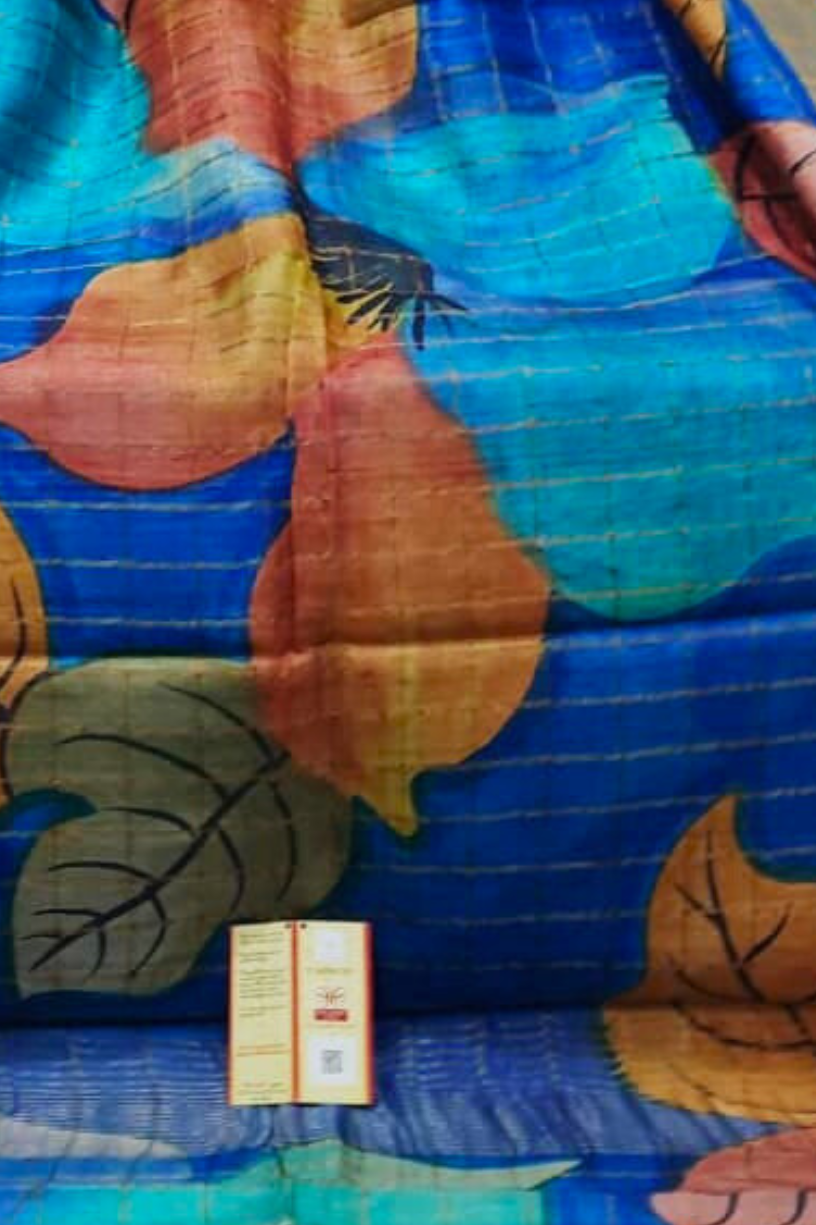 Zari Tussar Pure Silk Saree with Multicolor Leaf Handpaint on Royal Blue Base