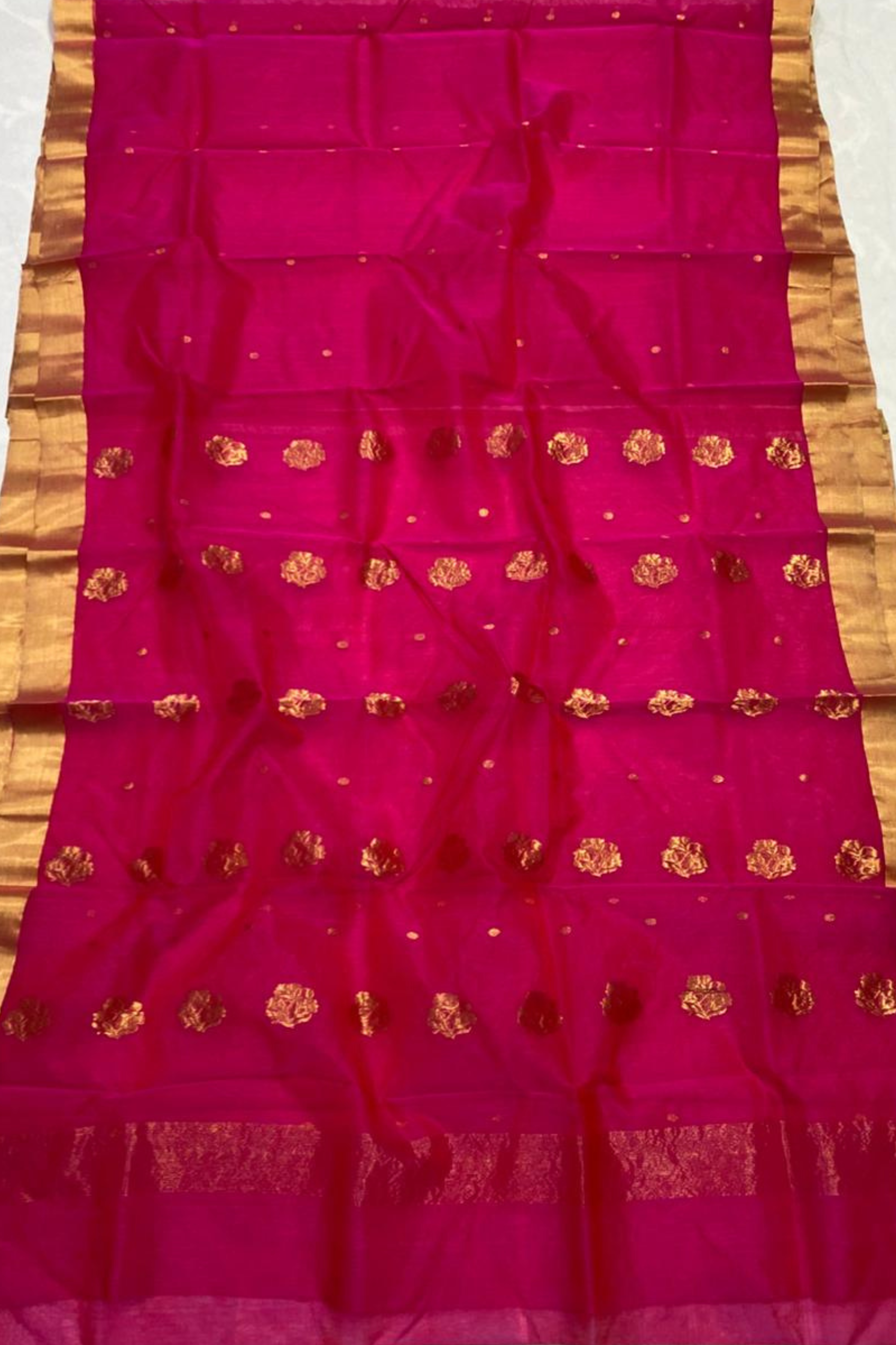 Royal Pink Pure Chanderi Silk Saree with Golden Border & Buttis