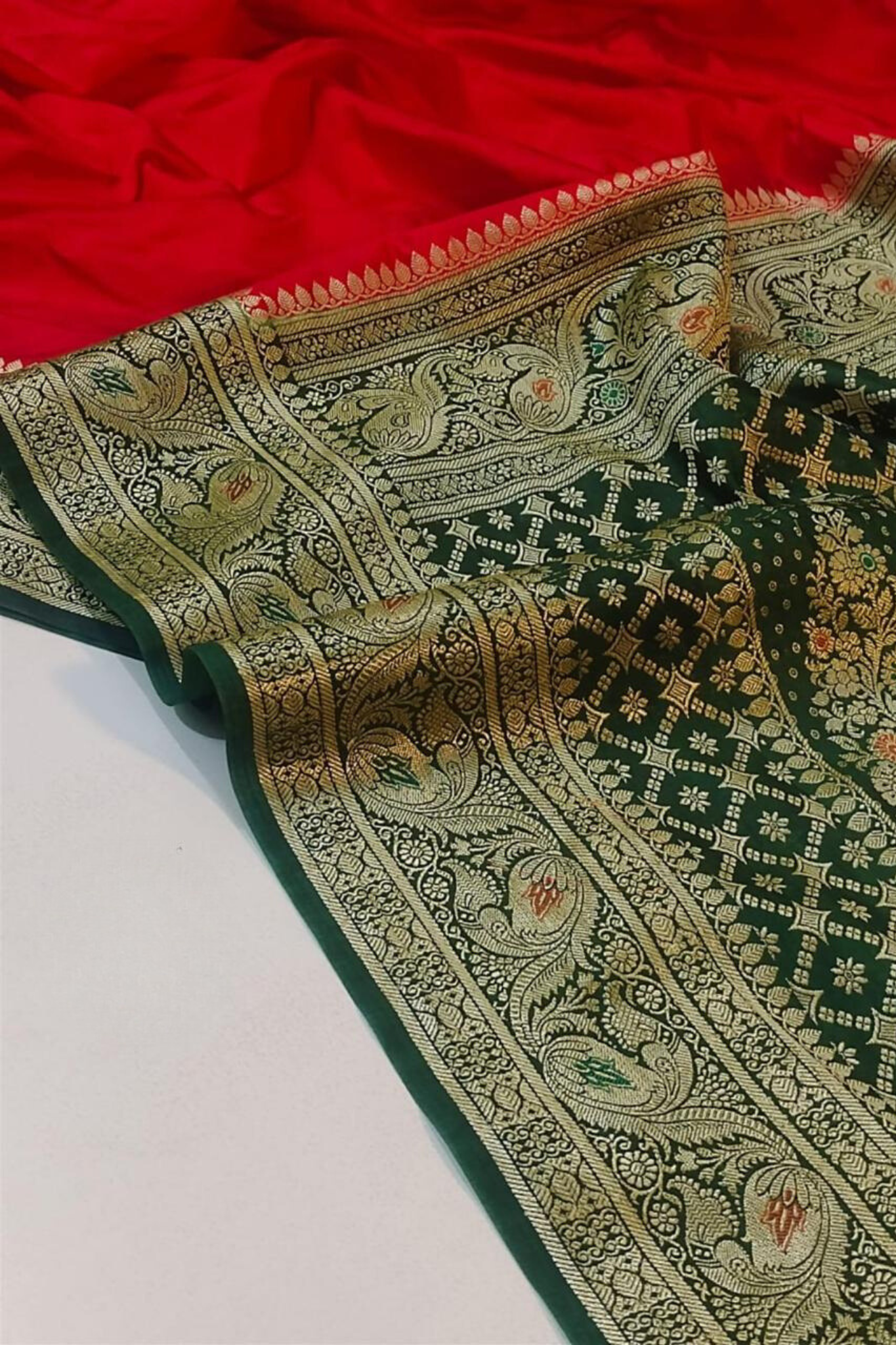 Red With Bottle Green Banarasi Silk Saree