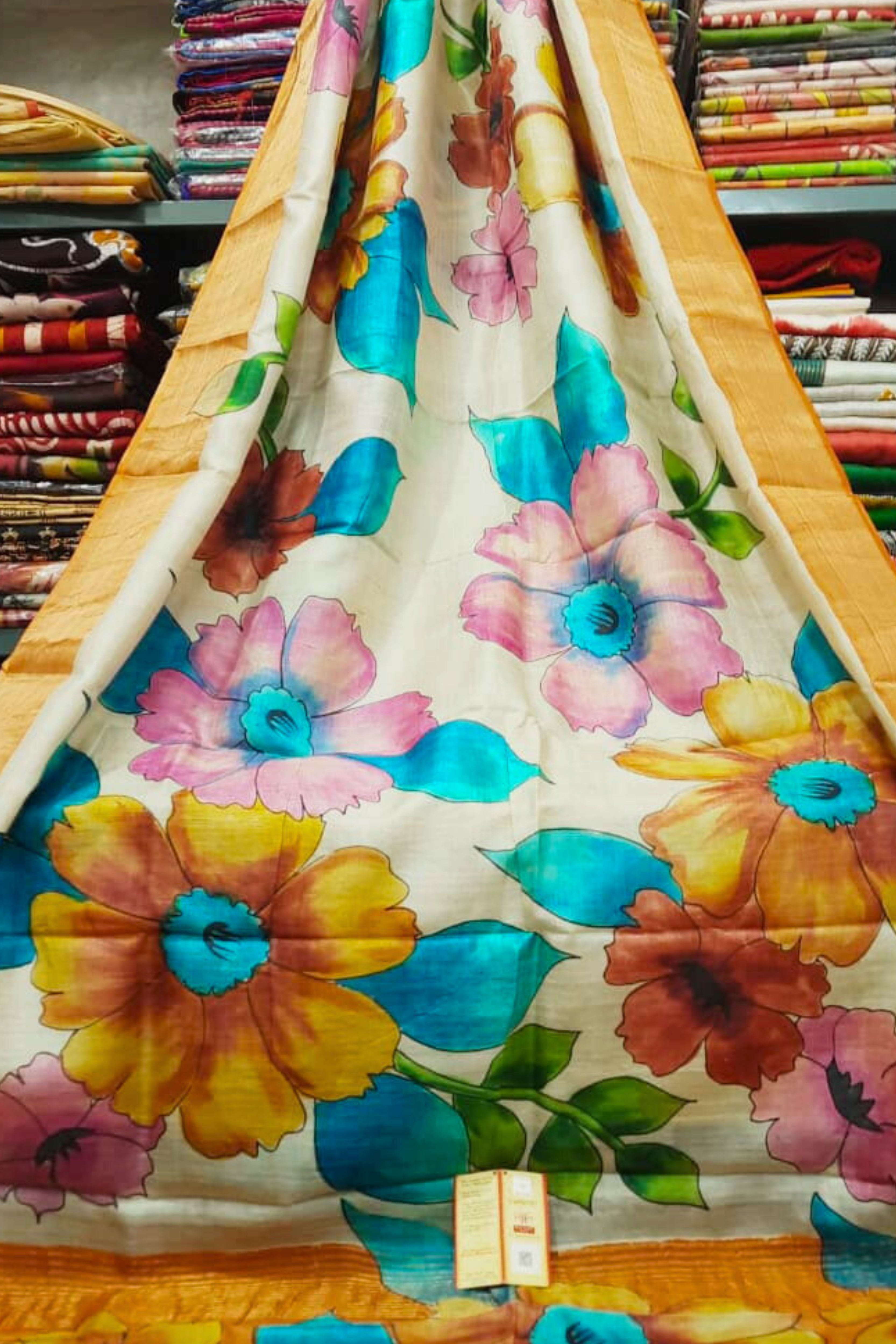 Zari Tussar Pure Silk Saree with Multicolor Floral Handpaint on Cream Base