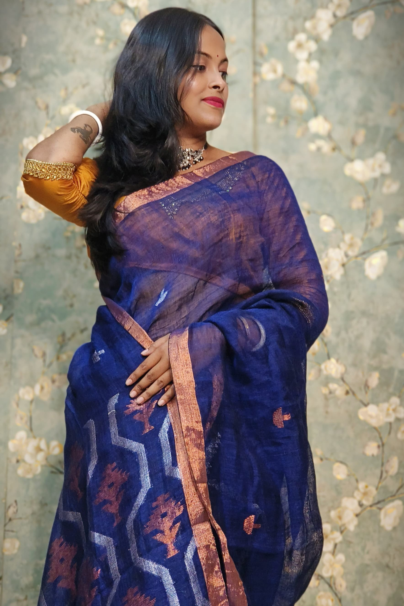 Royal Blue Pure Linen Bangal Handloom Saree