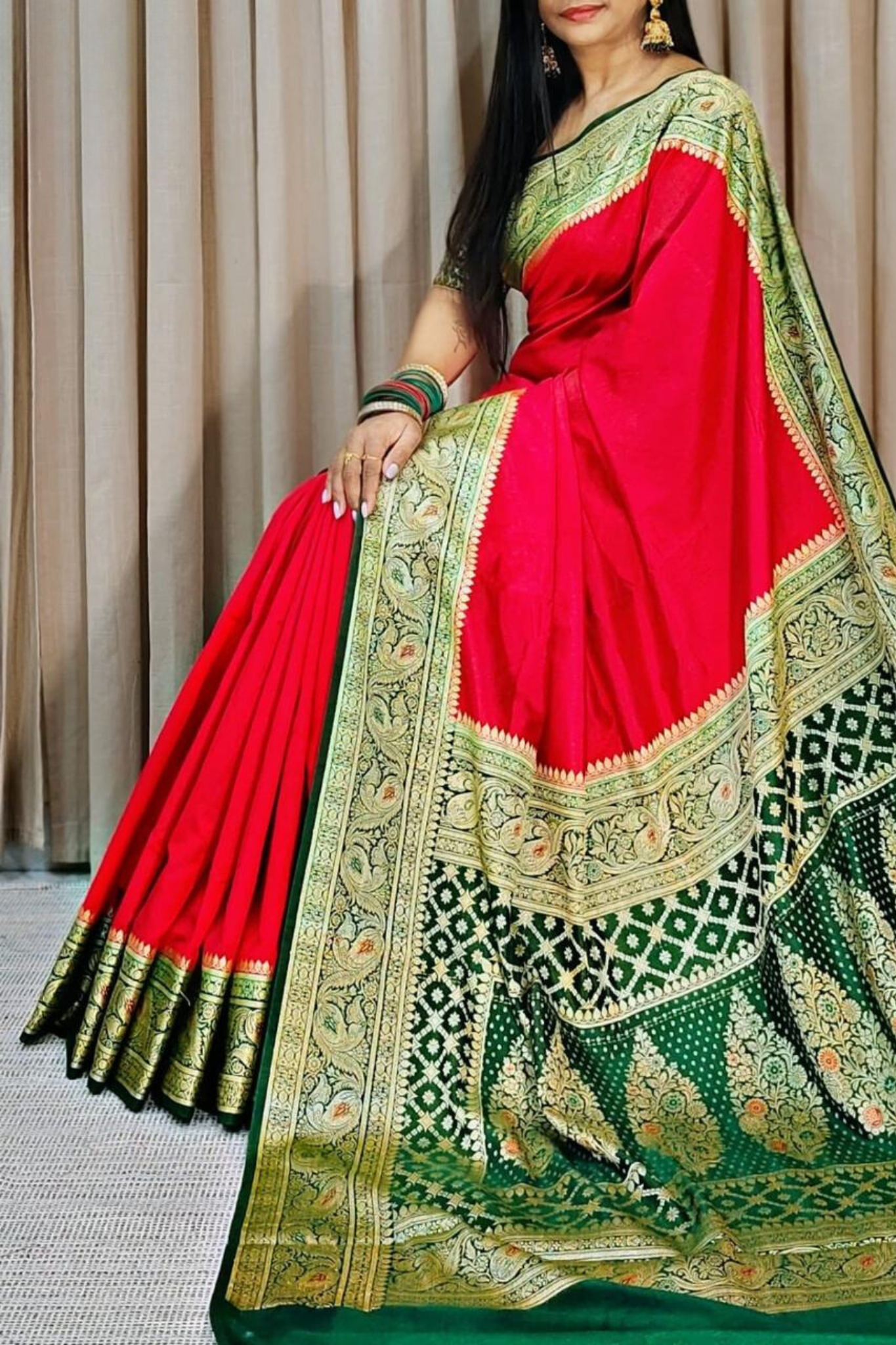 Red With Bottle Green Banarasi Silk Saree