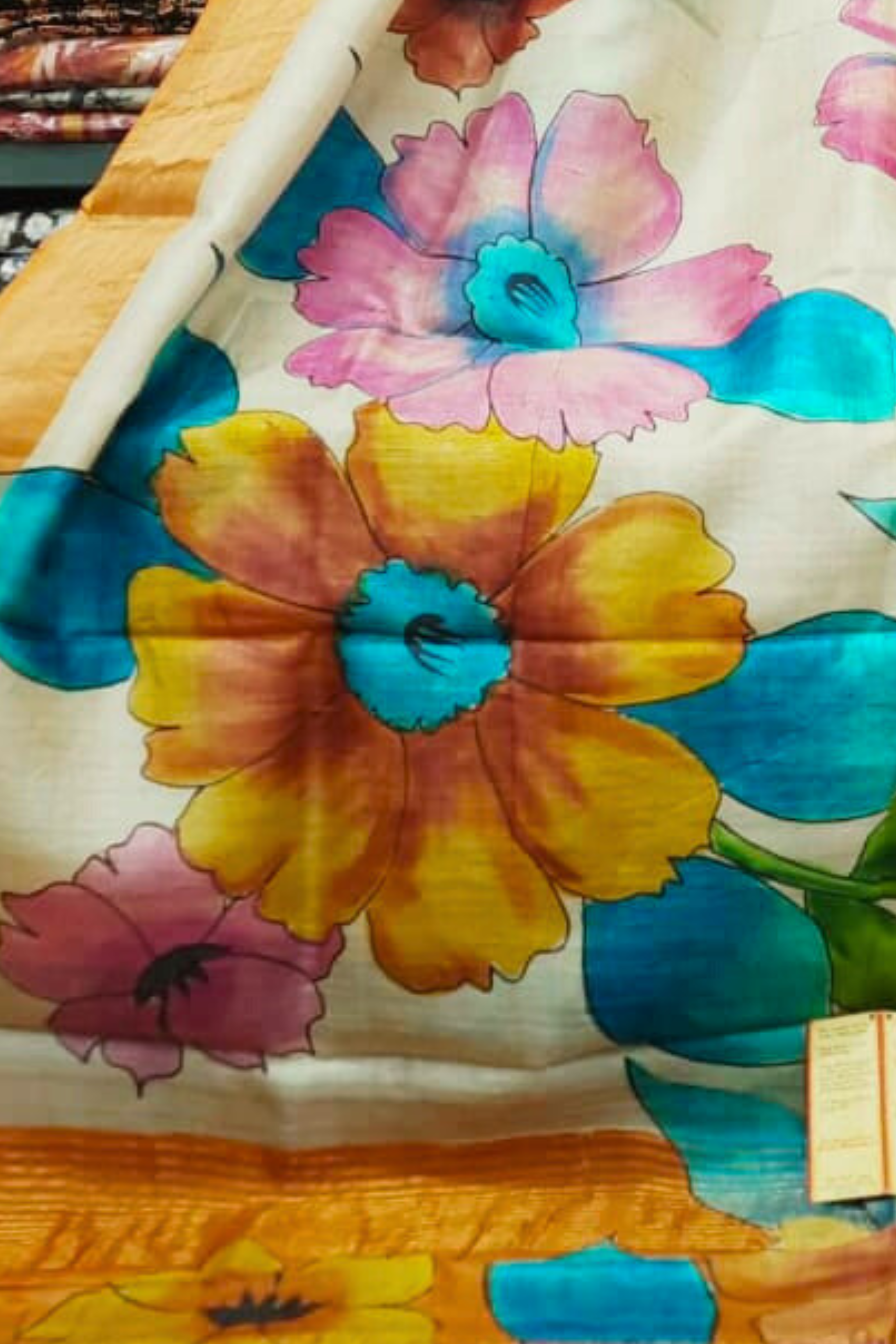 Zari Tussar Pure Silk Saree with Multicolor Floral Handpaint on Cream Base