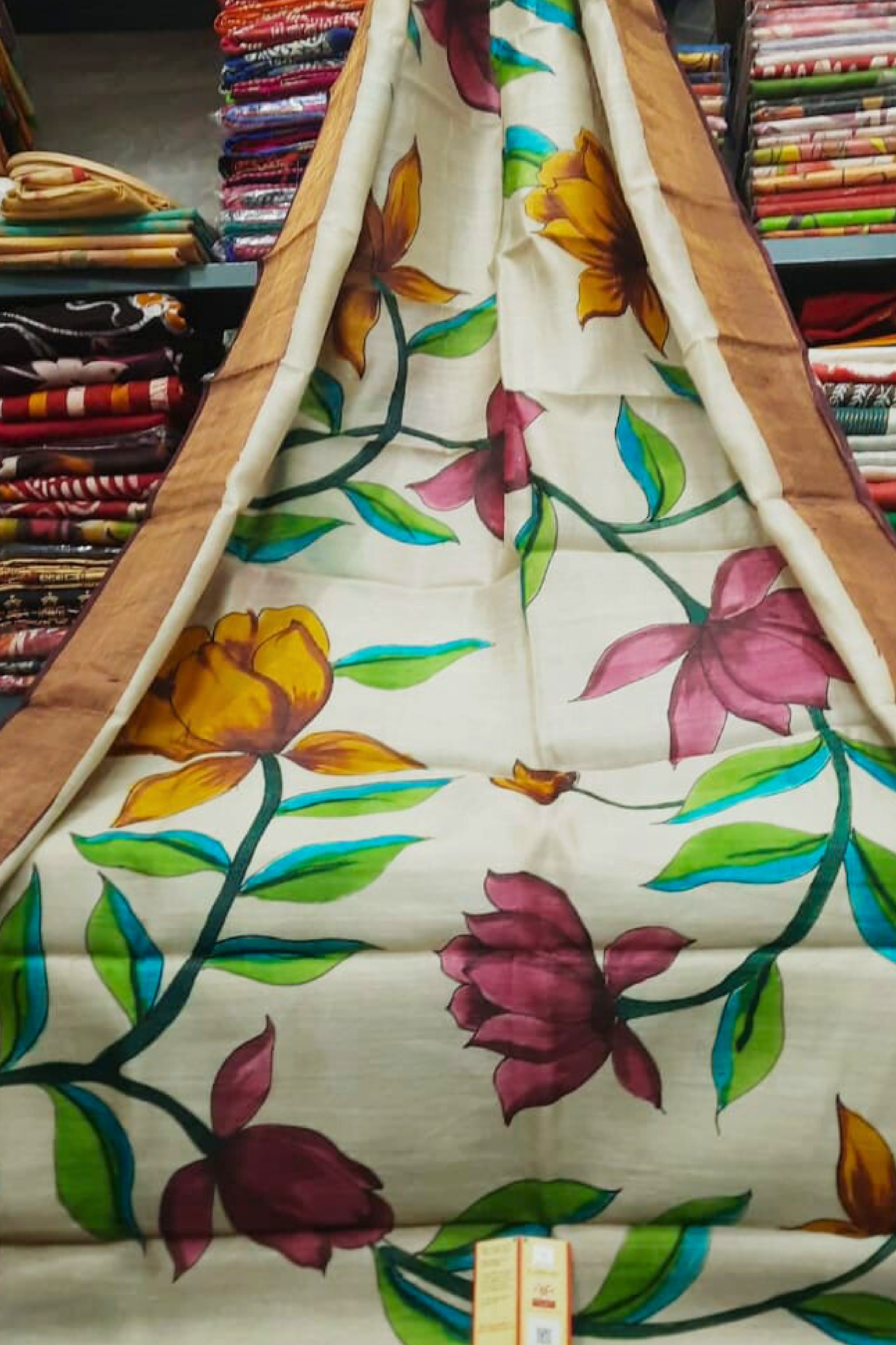 Zari Tussar Pure Silk Saree with Yellow and Maroon Floral Handpaint