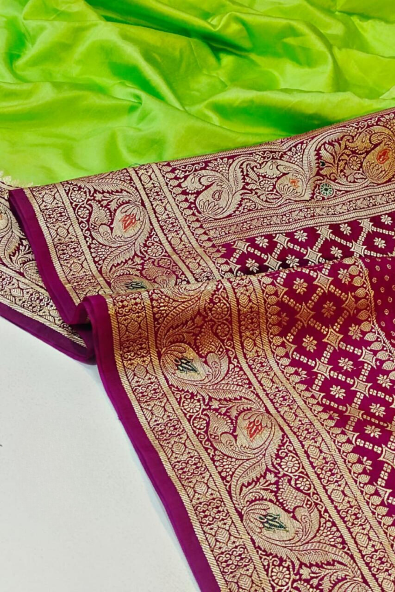 Neon Green With Pink Banarasi Silk Saree