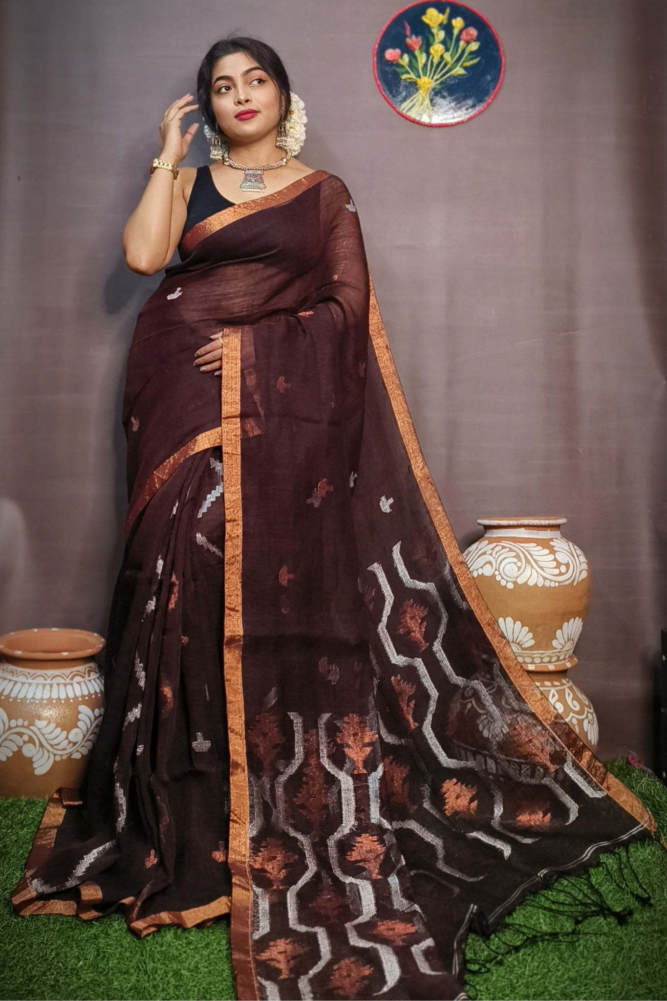 Chocolate Brown Pure Linen Bangal Handloom Saree
