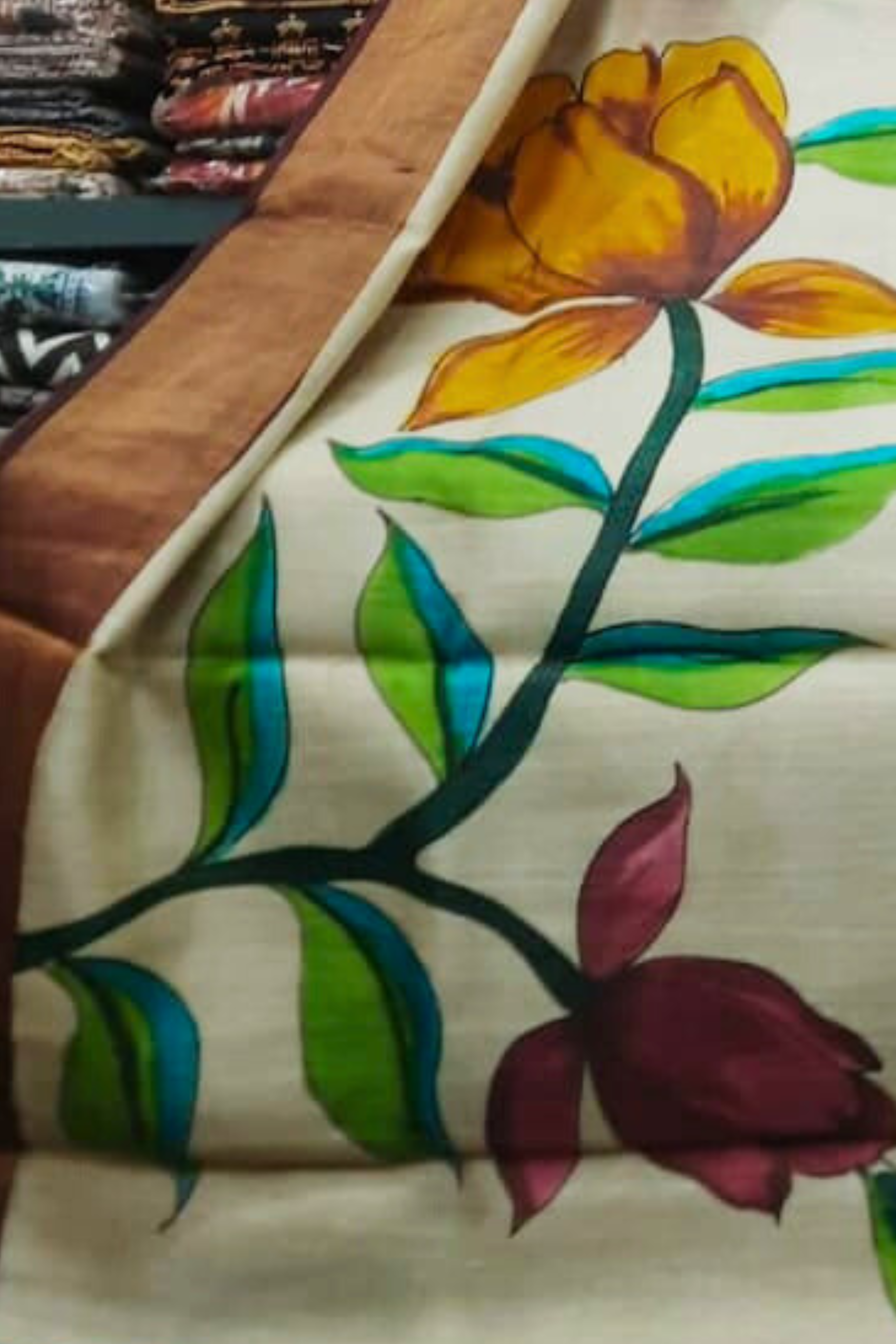 Zari Tussar Pure Silk Saree with Yellow and Maroon Floral Handpaint