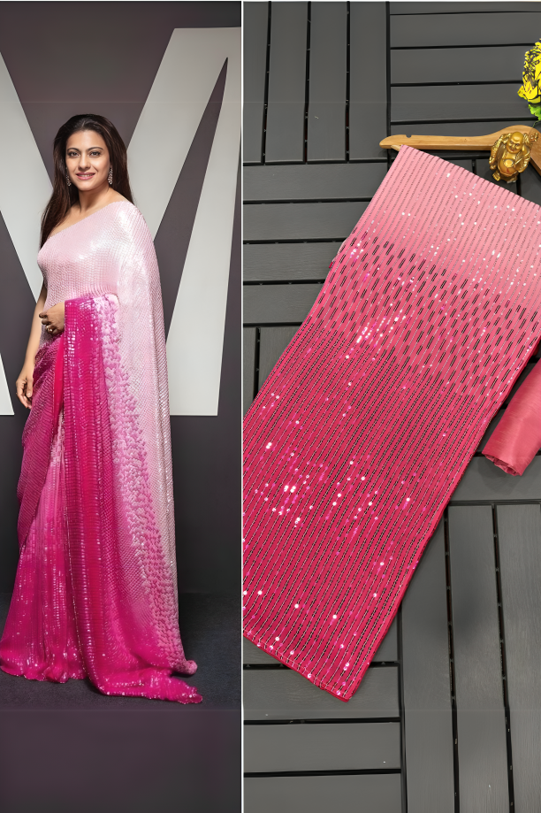 Rani Pink  Pure Georgette Designer Sequence Work Saree