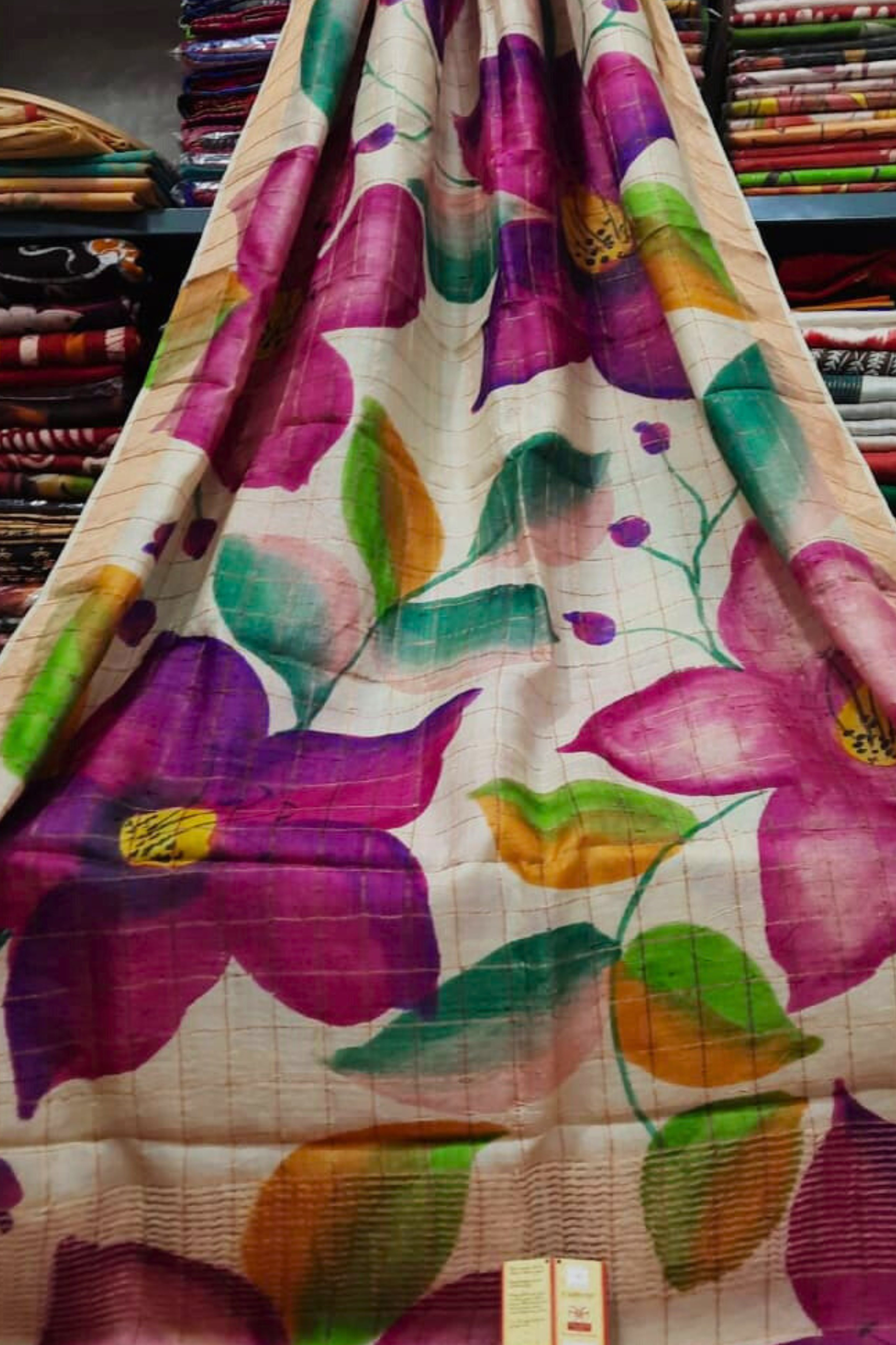 Zari Tussar Pure Silk Saree with Vibrant Pink Floral Handpaint on Cream Base