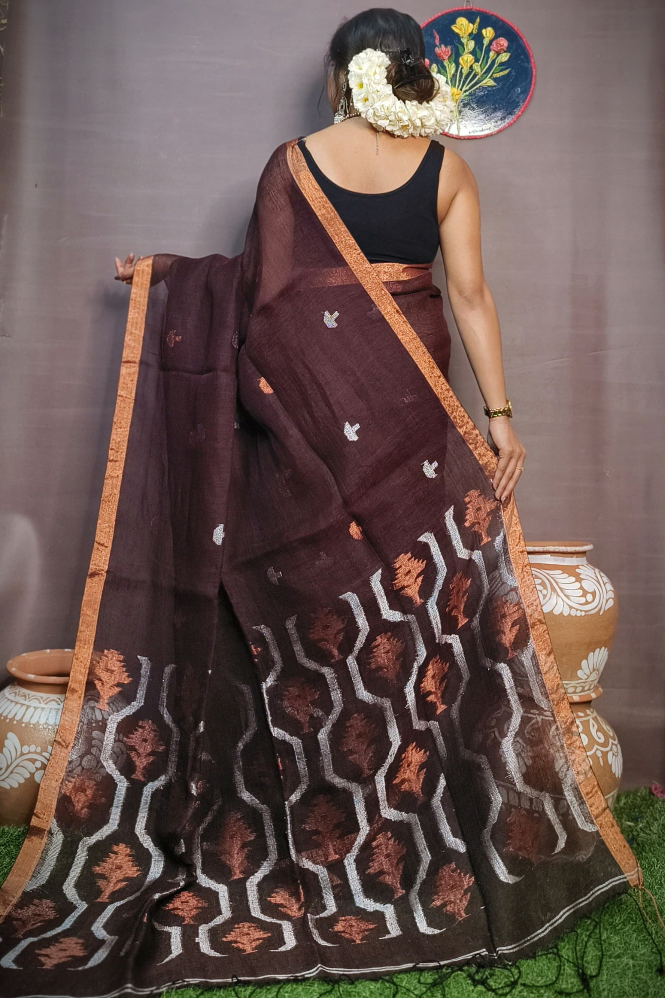 Chocolate Brown Pure Linen Bangal Handloom Saree