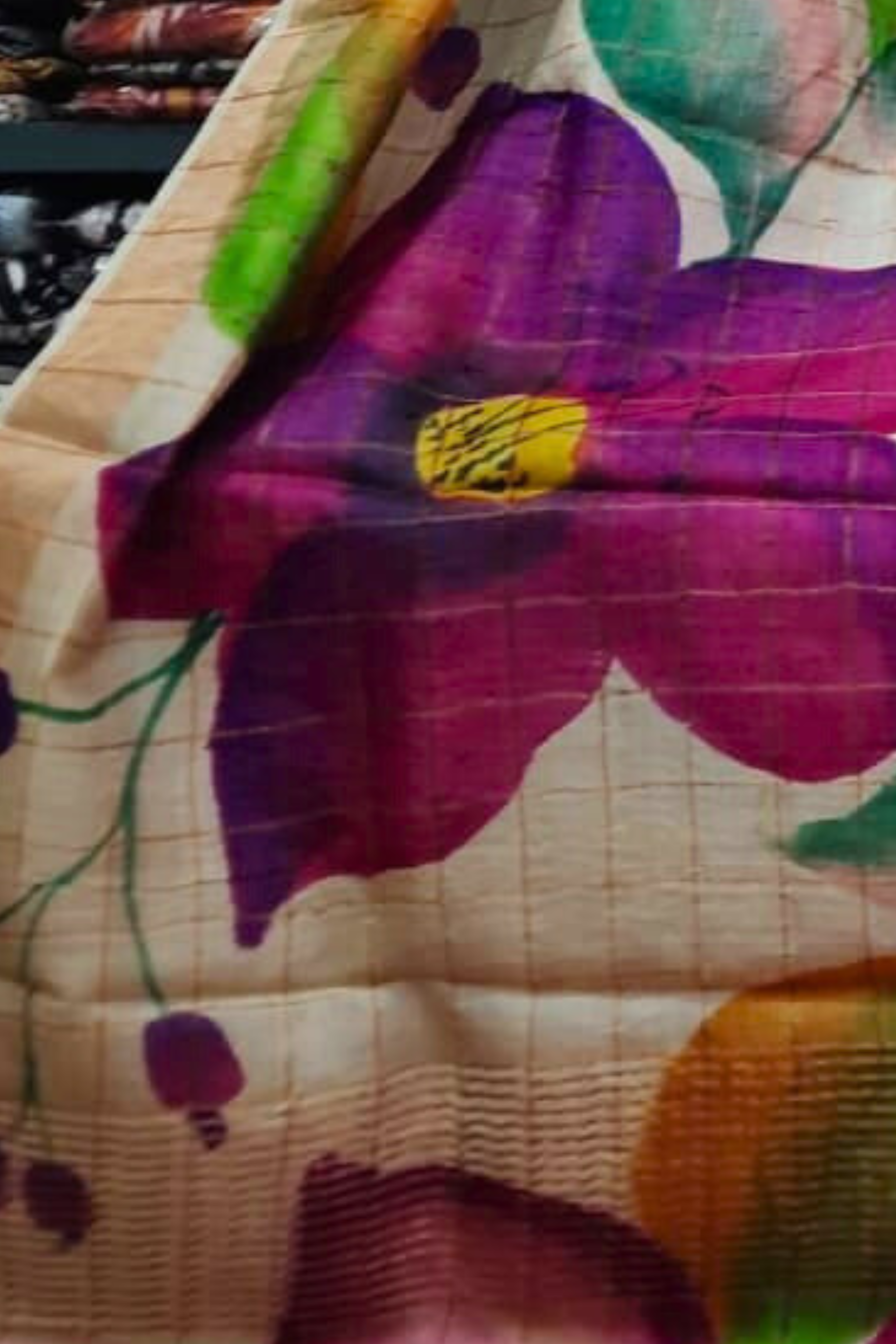 Zari Tussar Pure Silk Saree with Vibrant Pink Floral Handpaint on Cream Base