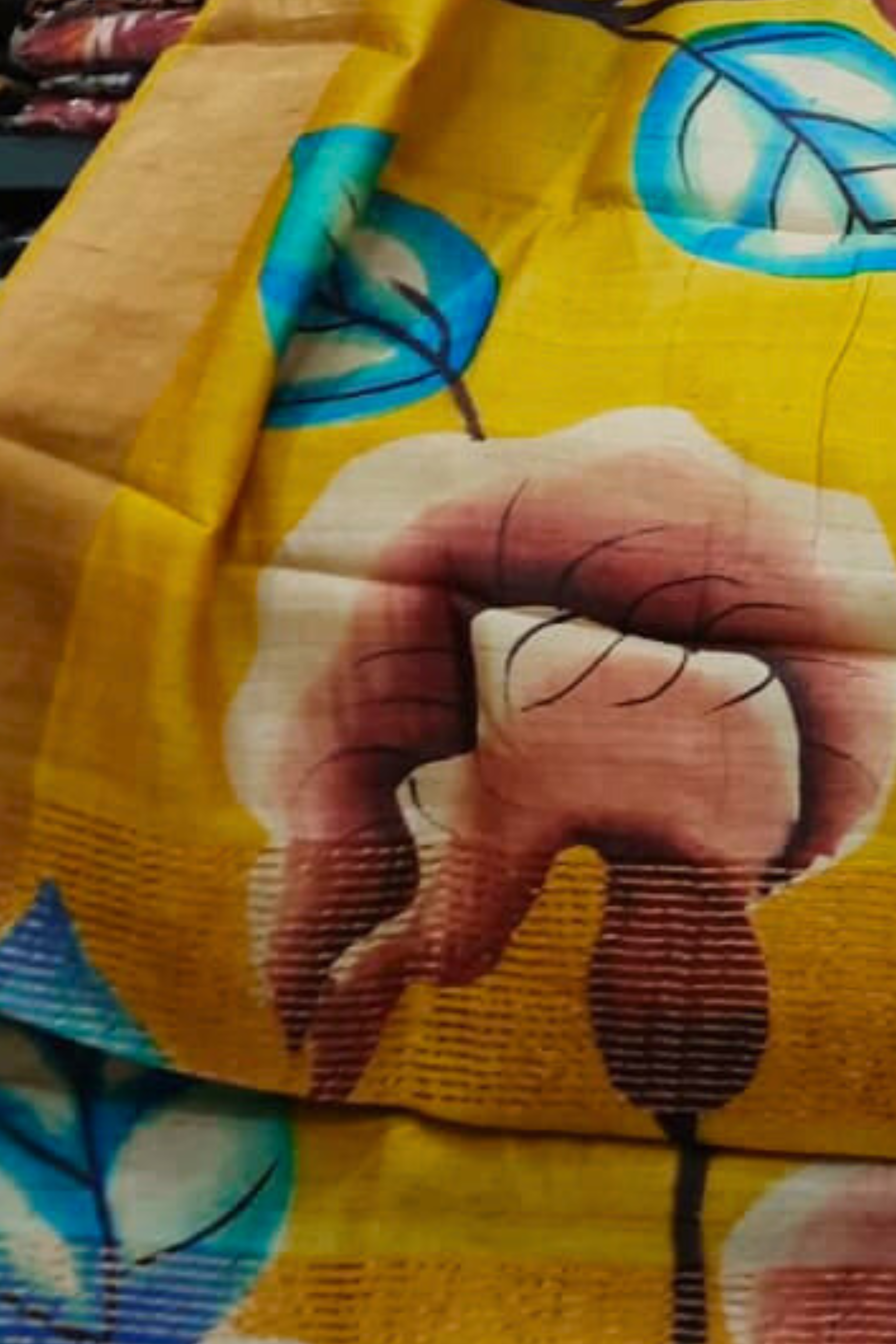 Zari Tussar Pure Silk Saree with Blue Leaf & Abstract Bloom Handpaint on Mustard Base