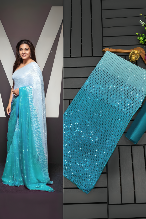 Firozi Pure Georgette Designer Sequence Work Saree