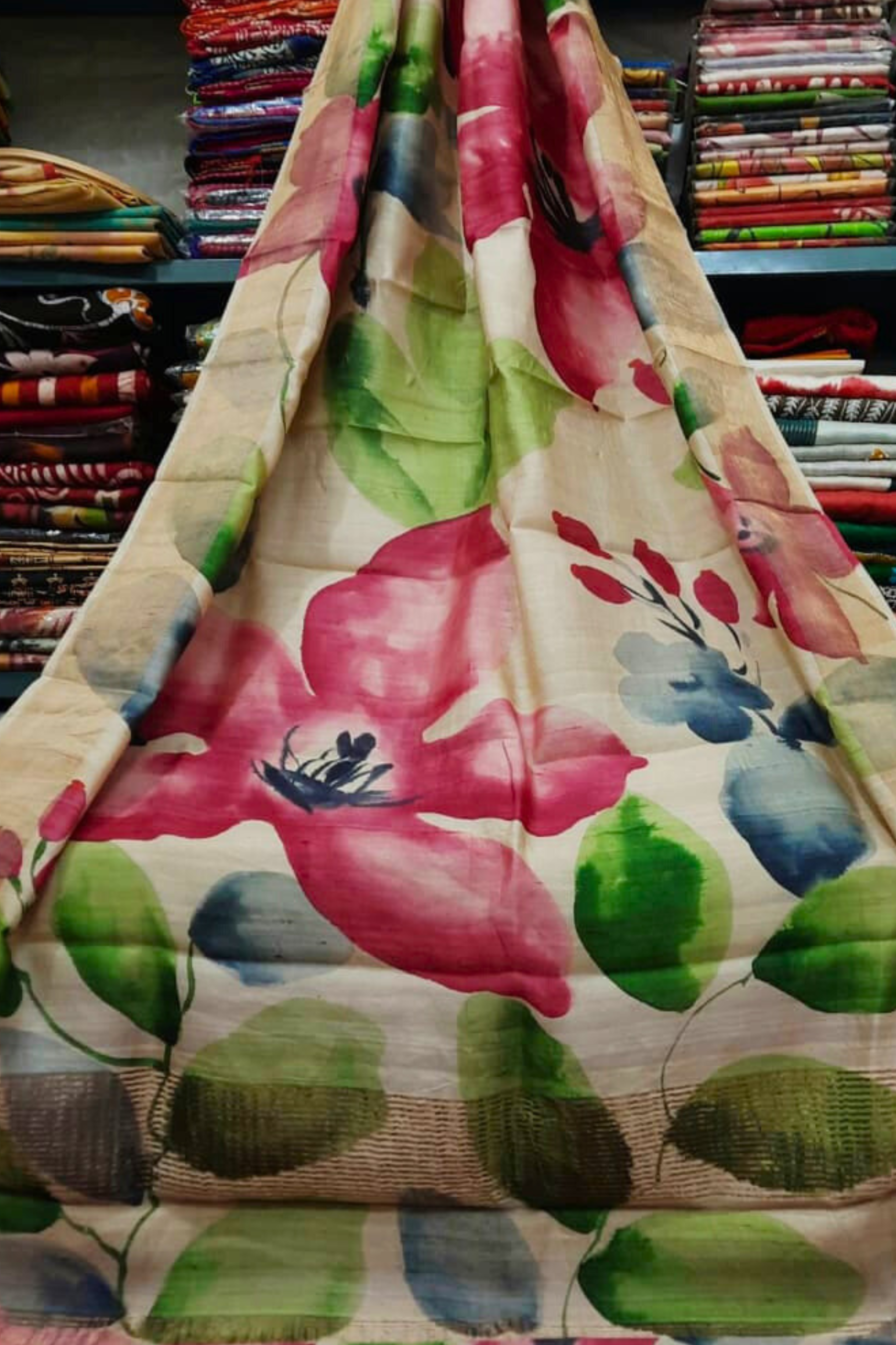 Zari Tussar Pure Silk Saree with Vibrant Pink & Blue Blossom Handpaint on Cream Base