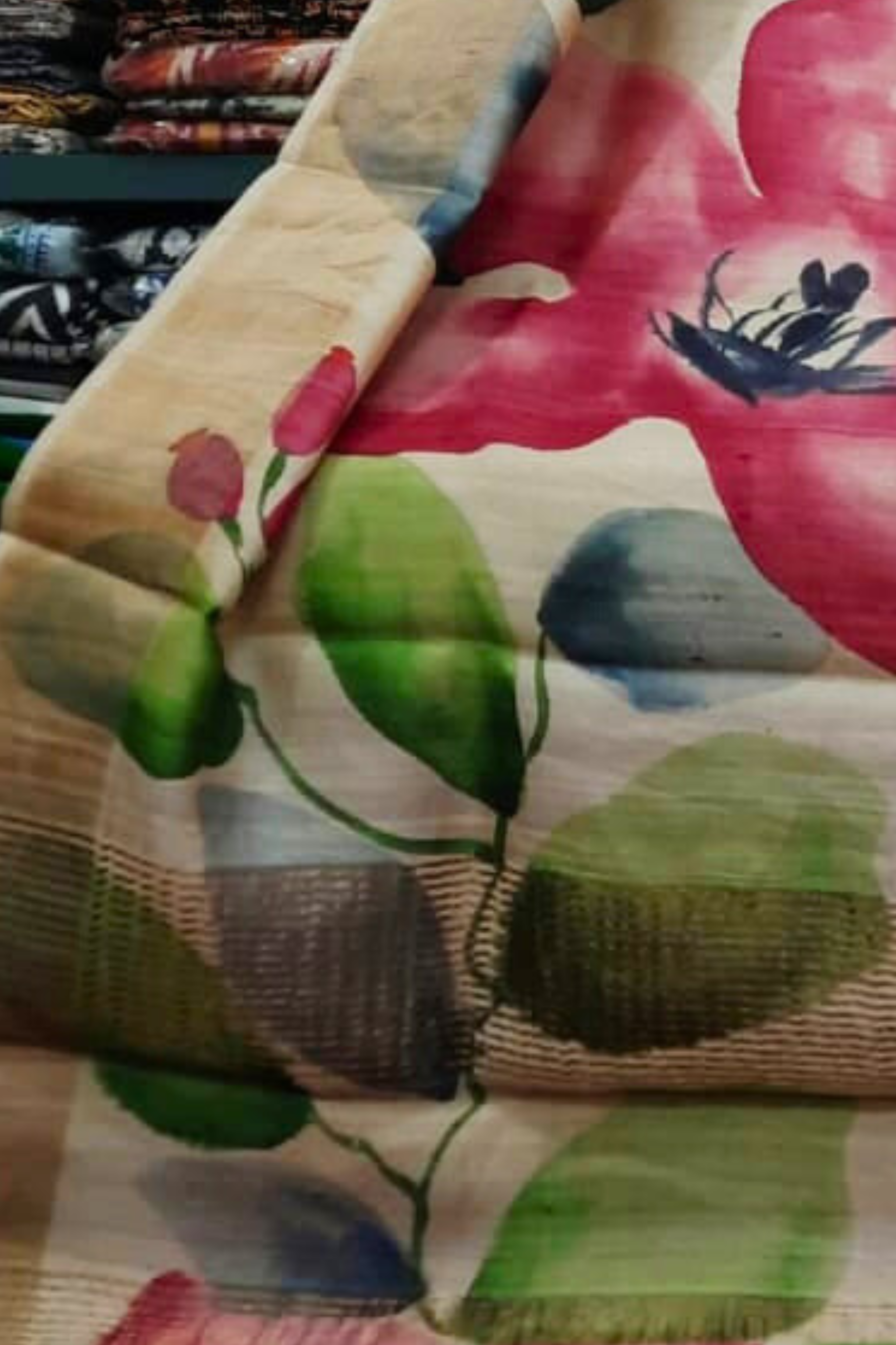 Zari Tussar Pure Silk Saree with Vibrant Pink & Blue Blossom Handpaint on Cream Base