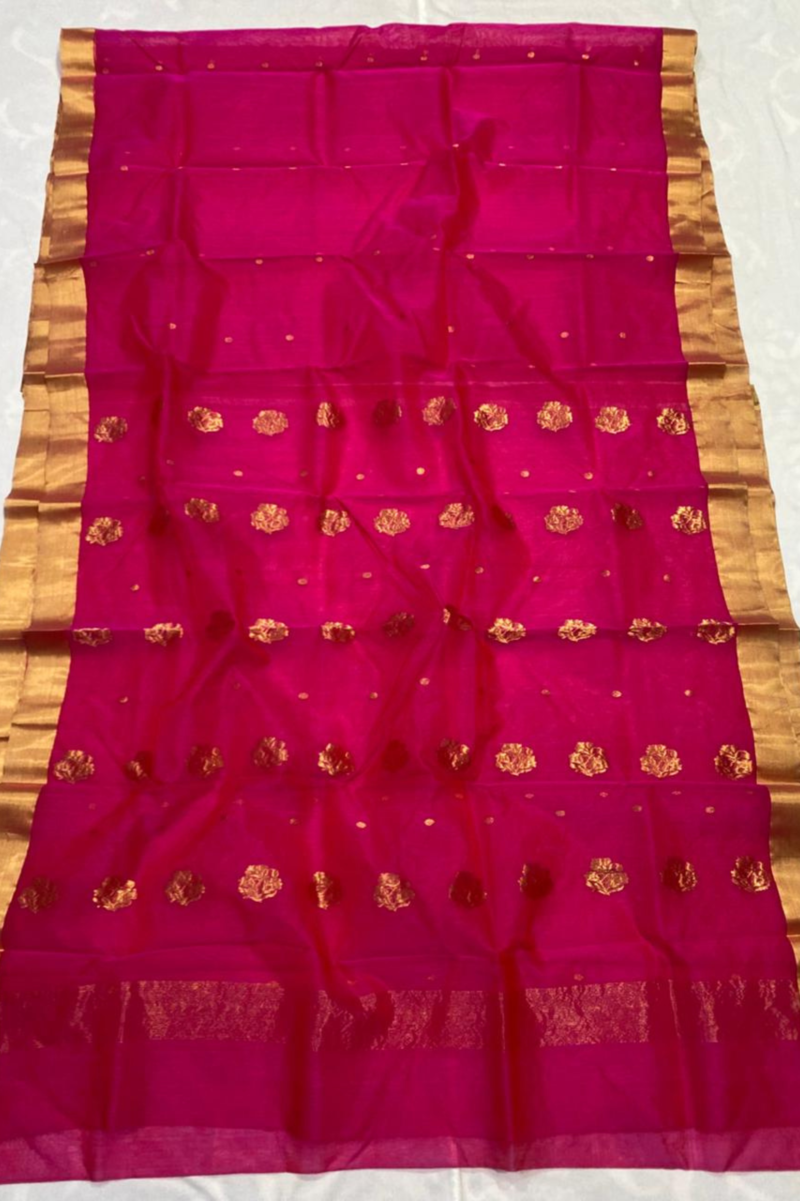 Royal Pink Pure Chanderi Silk Saree with Golden Border & Buttis