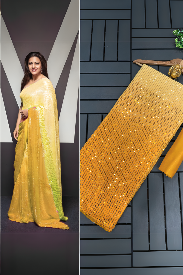 Yellow Pure Georgette Designer Sequence Work Saree
