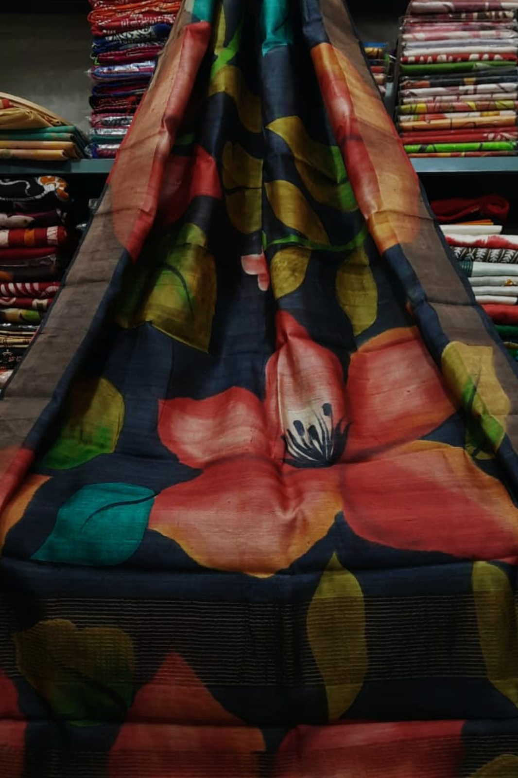 Zari Tussar Pure Silk Saree with Bold Red Blossom Handpaint on Deep Black Base